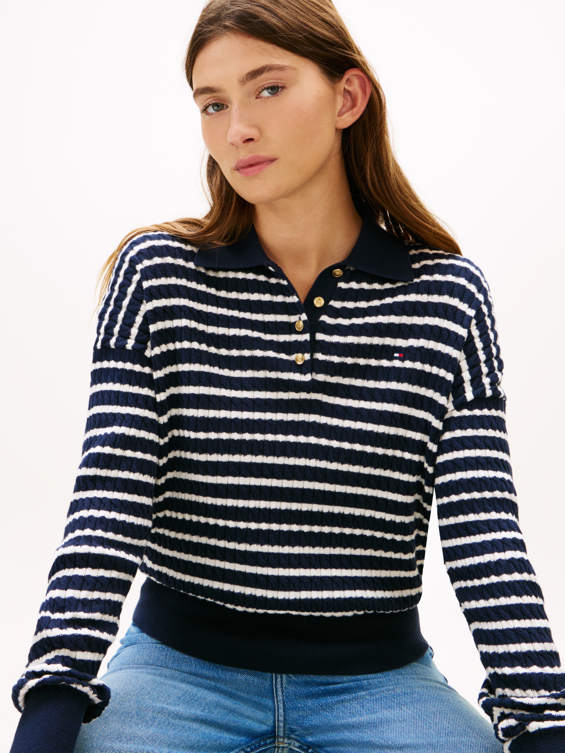 Tommy Hilfiger Strickpullover "CO CABLE FINE GG RLXD POLO SWT" mit Zopfmust günstig online kaufen