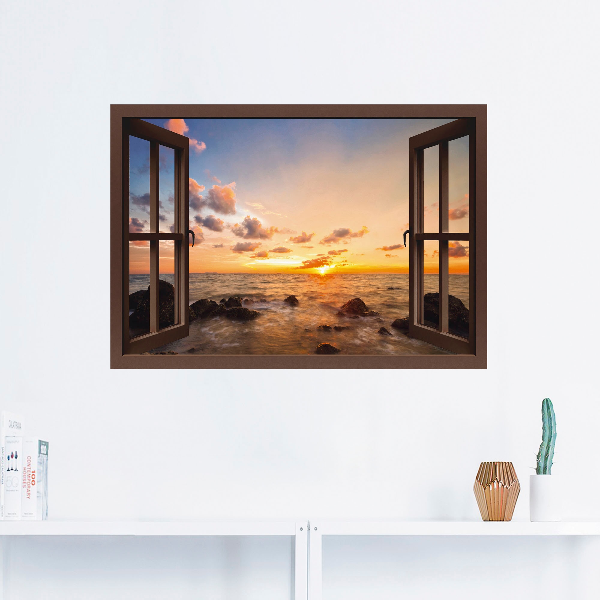 Artland Wandbild »Fensterblick Sonnenuntergang am Meer«, Fensterblick, (1 St.), als Alubild, Outdoorbild, Leinwandbild, Poster, Wandaufkleber