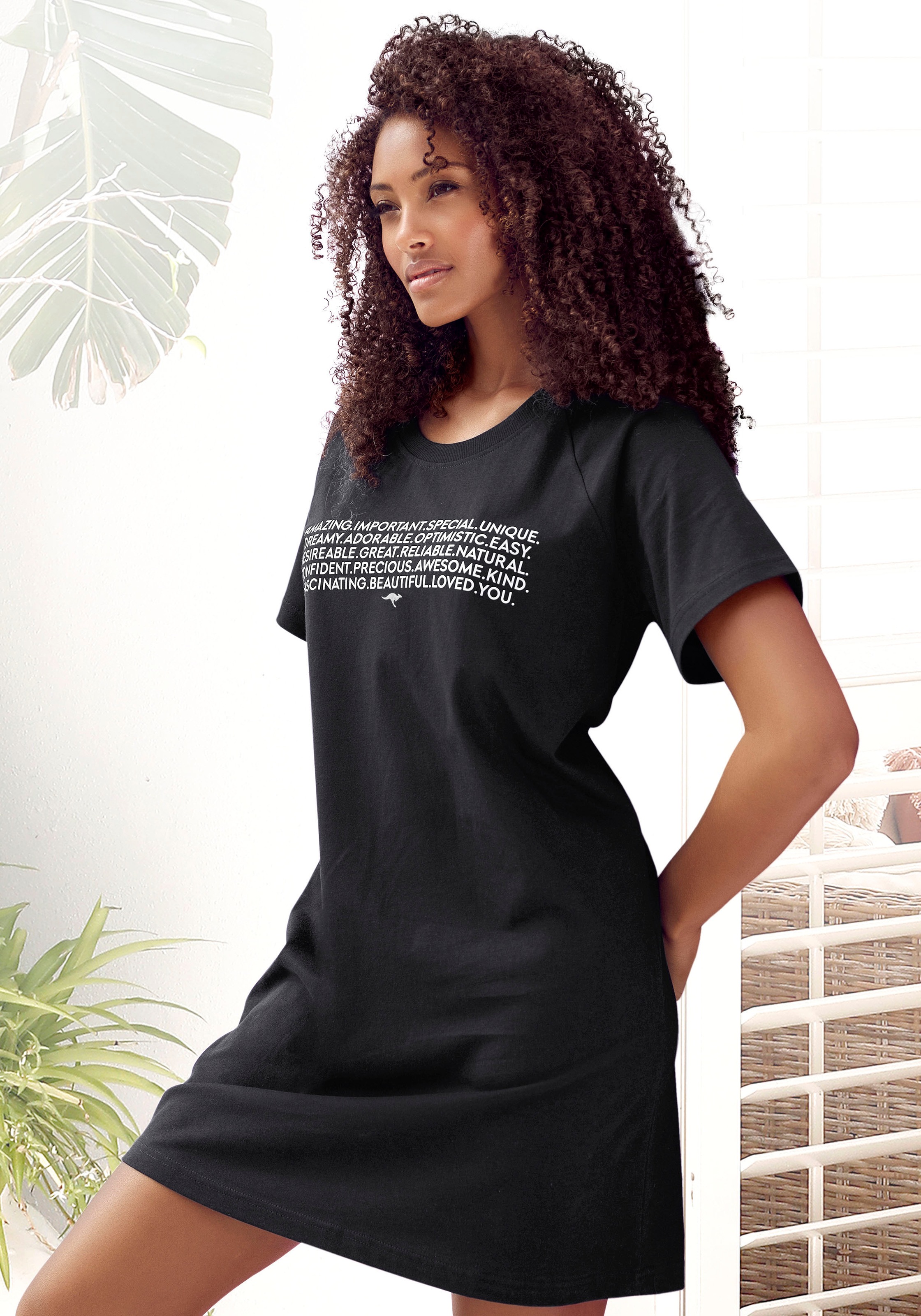 Bigshirt KANGAROOS, Damen, Gr. 40/42, schwarz, Single Jersey, Obermaterial: 100% Baumwolle, bedruckt, lässig geschnitten mini, Rundhals, Raglanärmel, Shirts Sleepshirt Nachthemd, mit Slogan-Frontdruck
