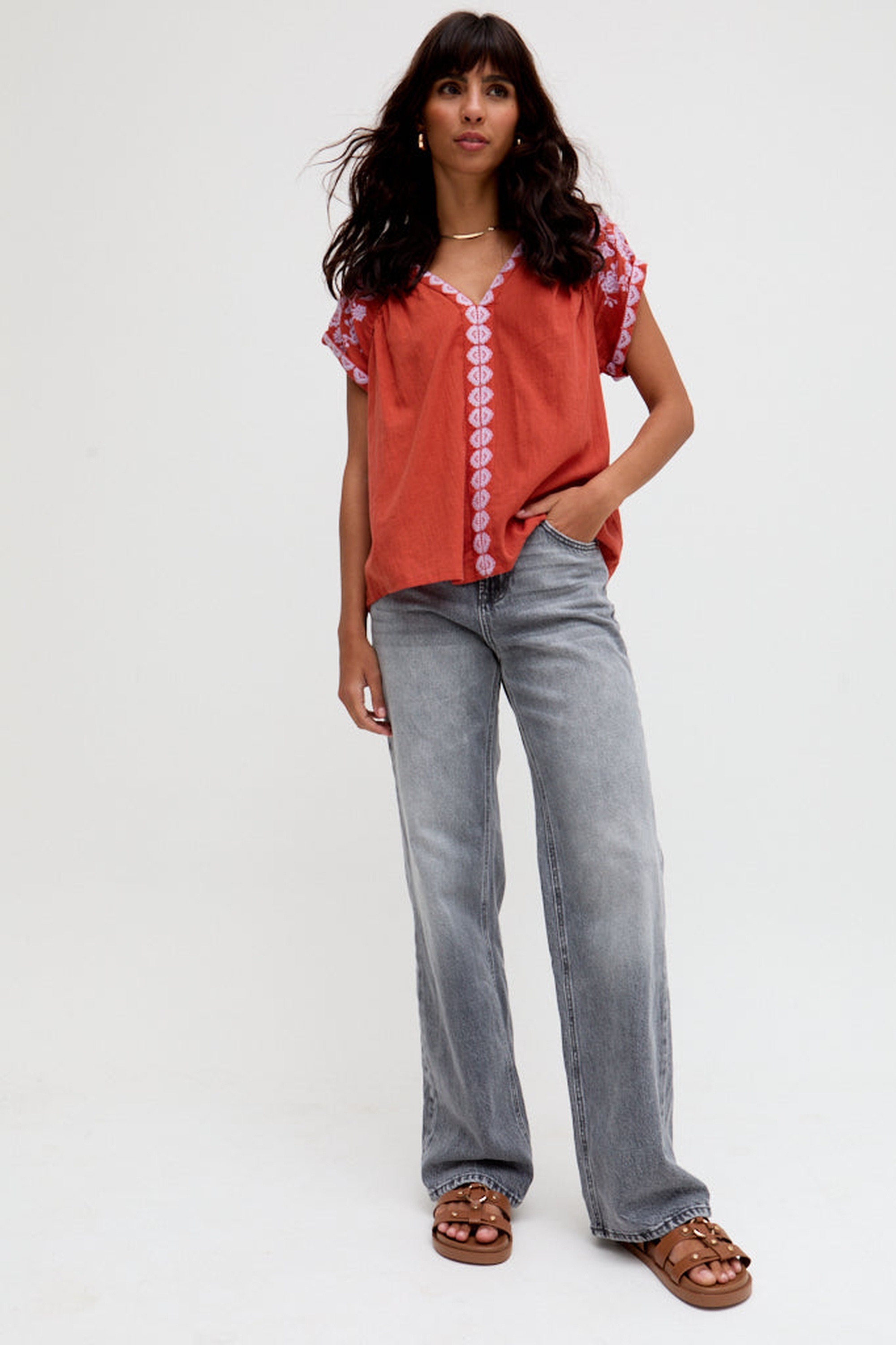 RAFFYA Hemdbluse »Luna V-Neck Embroidered Blouse Damen«