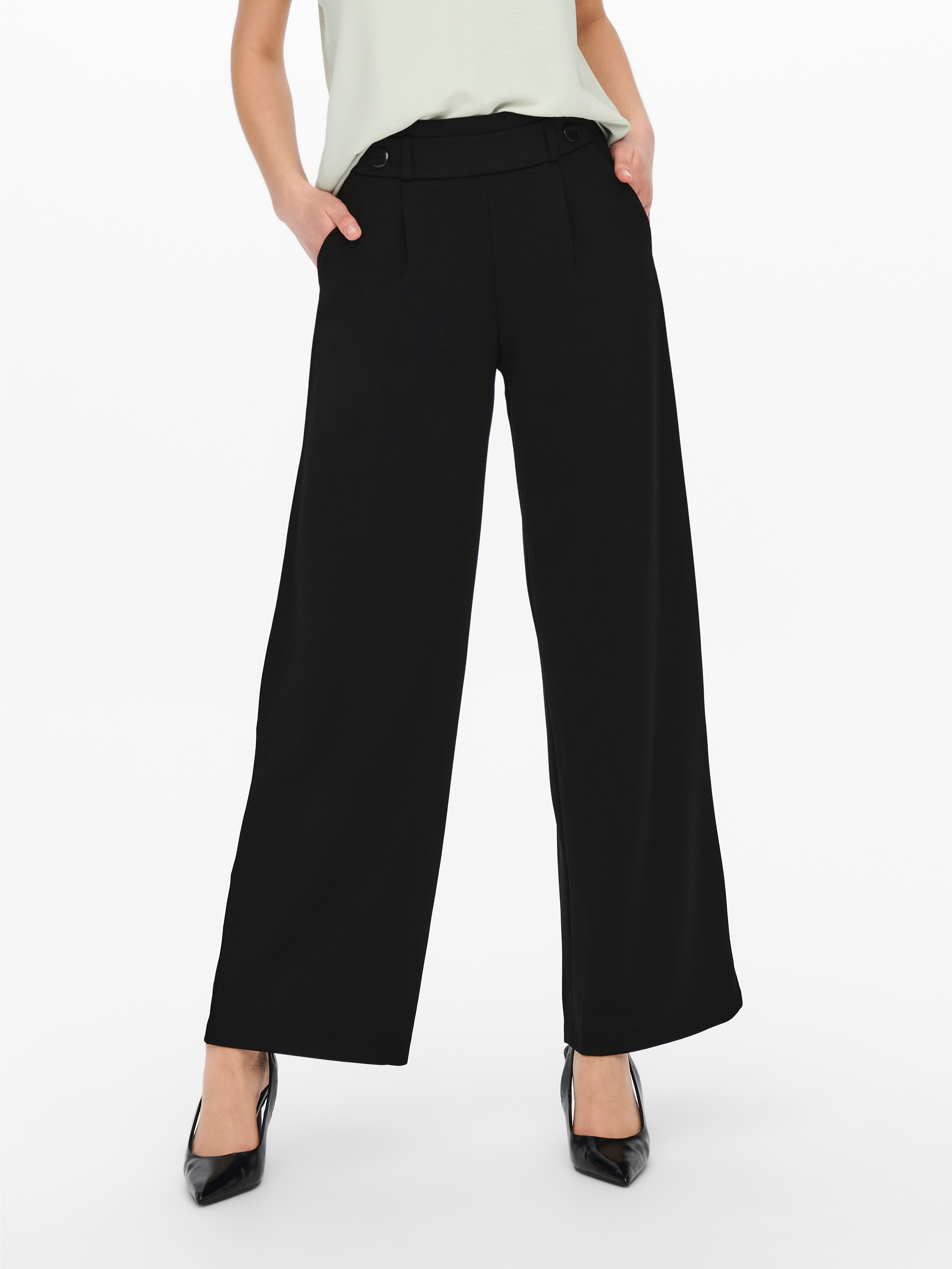 Jerseyhose JDY "JDYGEGGO NEW LONG PANT JRS NOOS", Damen, Gr. L (40), Länge 30, schwarz (schwarz detail:schwarz buttons), Jersey, Obermaterial: 95% Polyester, 5% Elasthan, unifarben, relaxed fit lang, Hosen Jerseyhose, Materialmix
