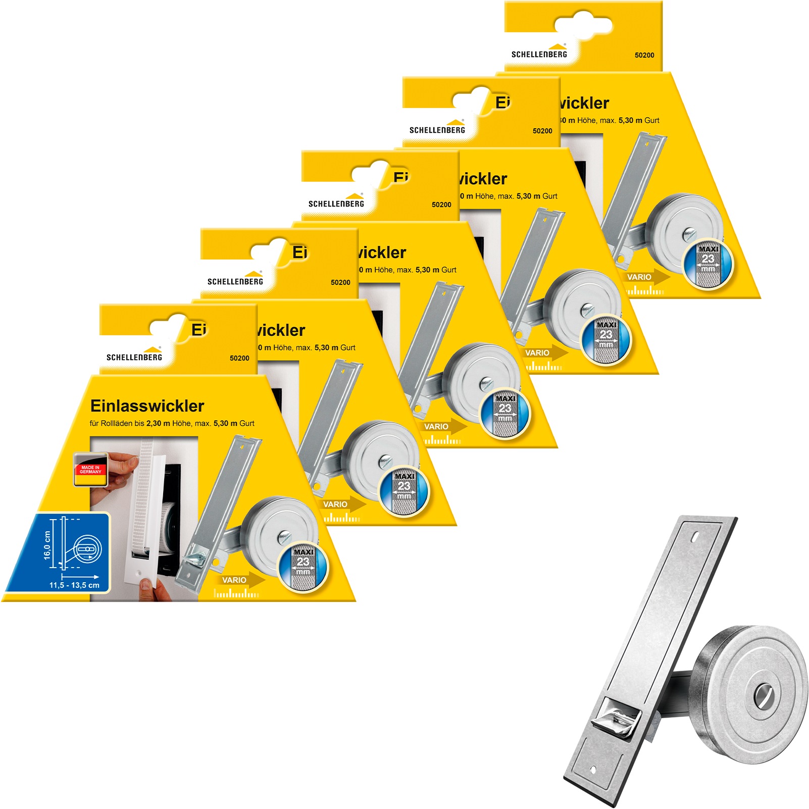 SCHELLENBERG Einlass-Gurtwickler "für das Rollladensystem Maxi, Lochabstand 16 cm, Unterputz-Montage" Set, 5 Stk. tlg. für Rollladengurte mit 23 mm Breite