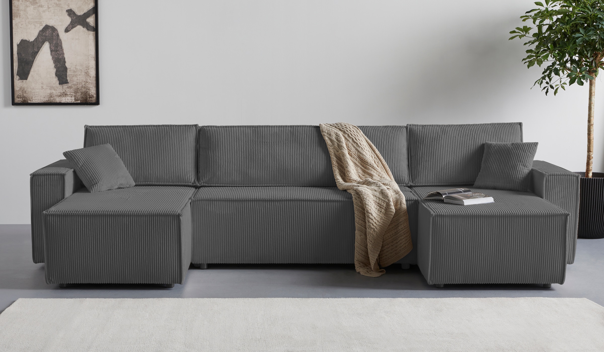 OTTO home Wohnlandschaft »CASSI, 311 cm, U-Form, Schlafsofa, Dauerschläfer, Boxspringfederung«, Schlaffunktion (133/270cm), Bettkasten, Seitentaschen, Cord-Bezug