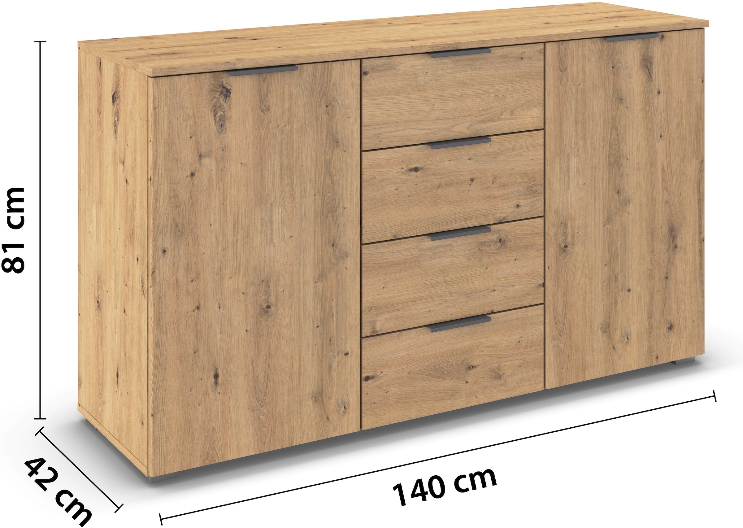 rauch Kombikommode »Sideboard Schubladenkommode AGORDO mit Dekor- oder Hochglanzfront«, (in zwei Griff-Farben), mit 4 Schubkästen und 2 Türen sowie Metallgriffen MADE IN GERMANY
