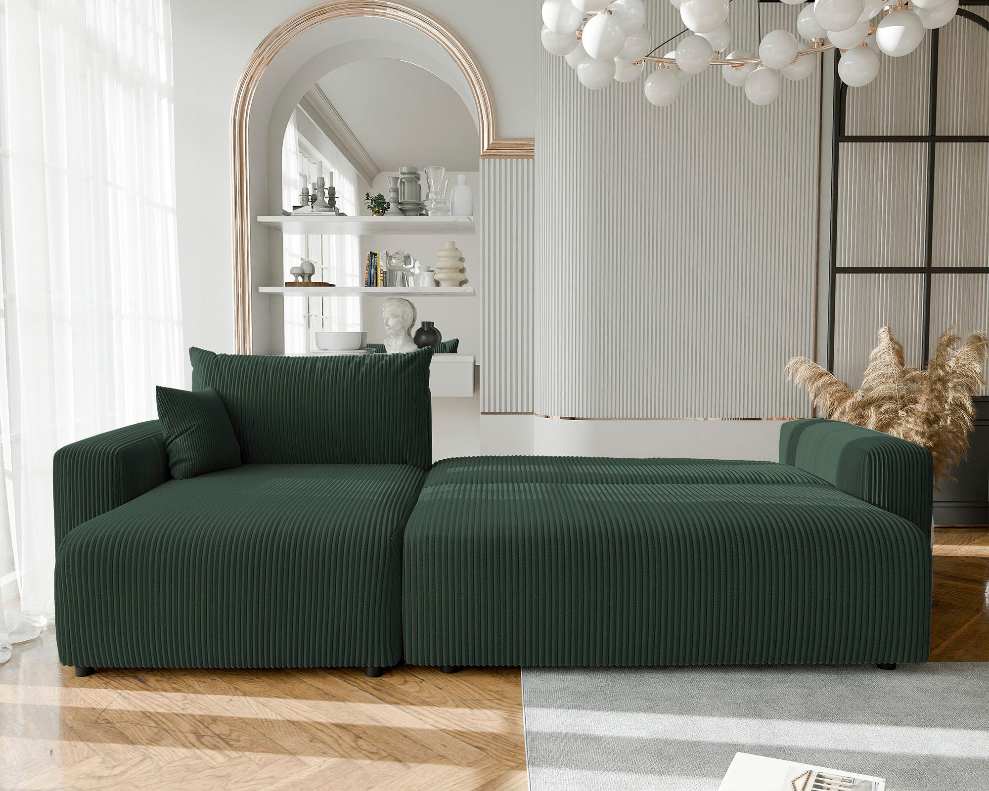 WERK2 Ecksofa »Piano XL Cord Sofa L-Form, Schlaffunktion & Bettkasten, 278 cm breit« Ottomane beidseitig montierbar, lose Rückenkissen & 2 Zierkissen