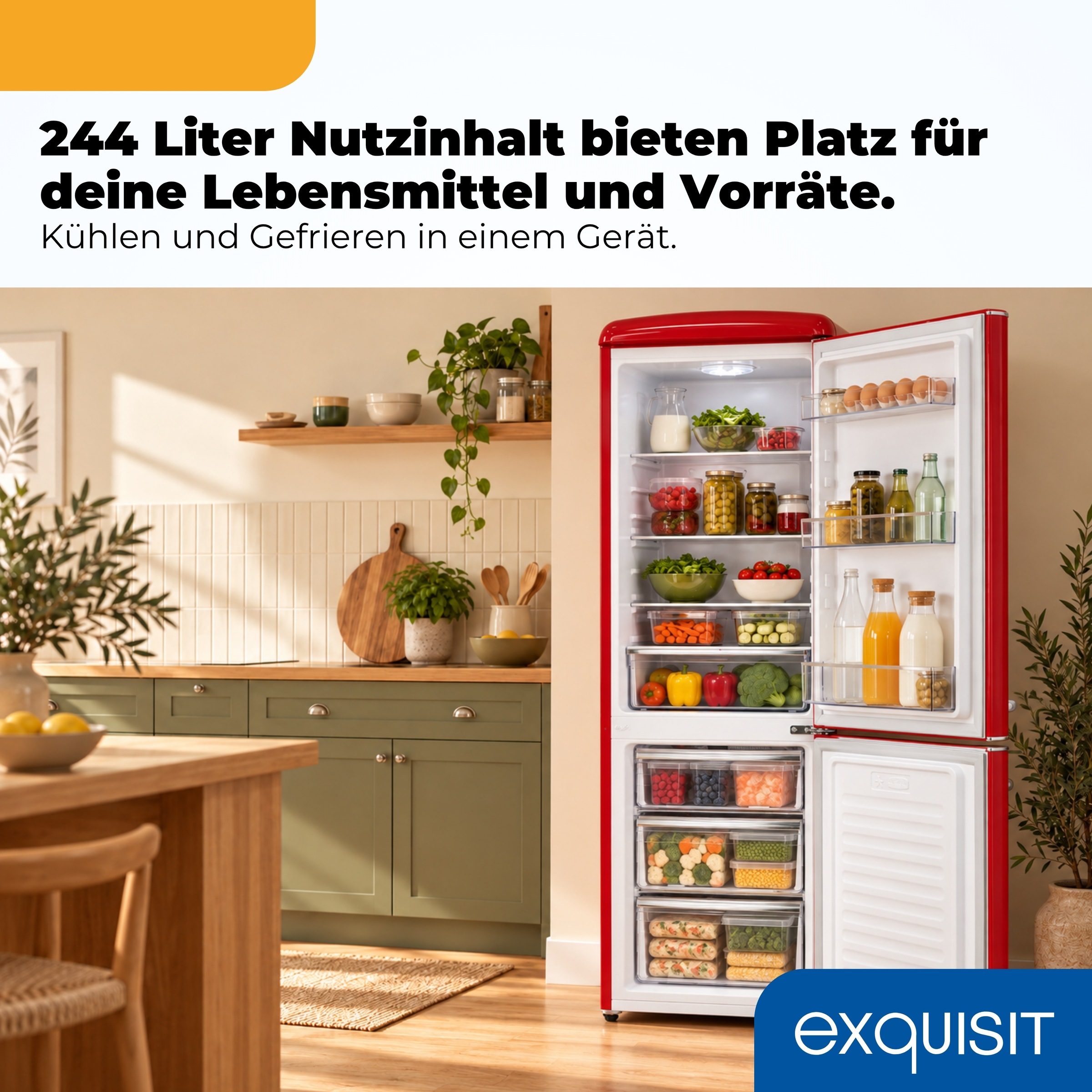 exquisit Kühl-/Gefrierkombination »RKGC250-70-H-160C rot« 183 cm hoch 54,5 cm breit Retro-Design mit 4-Sterne-Gefrierfach & flexiblen Glasablagen