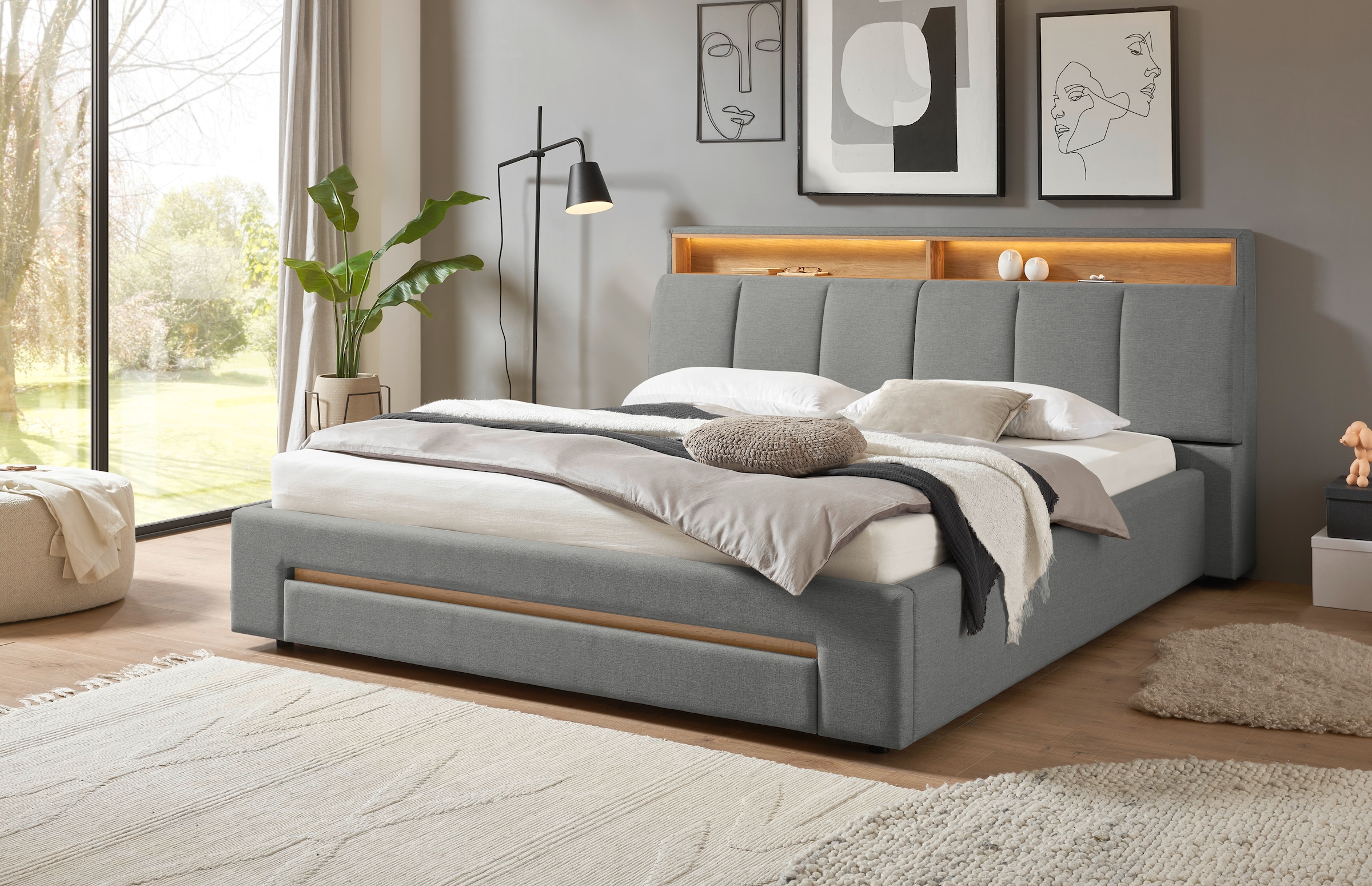 Home affaire Polsterbett »CiTY/GiRON,, gepolstertes Stauraumbett, mit LED Beleuchtung« Bettkasten mit Hundebett oder als Stauraum, klappbare Kopfteile