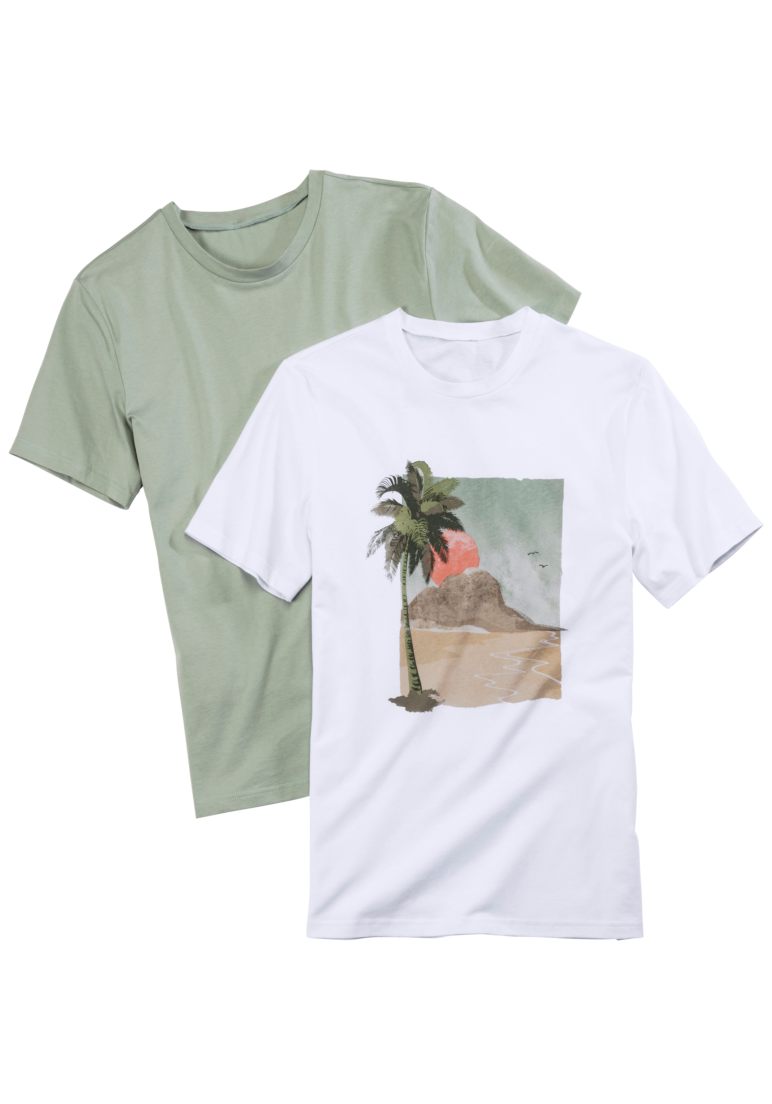 Beachtime T-Shirt ", sommerliche T-Shirts, weiß mit frischem Palmen Druck" Packung, 2 Stk. Freizeitshirt mit Rundhals und Frontprint aus reiner Baumwolle
