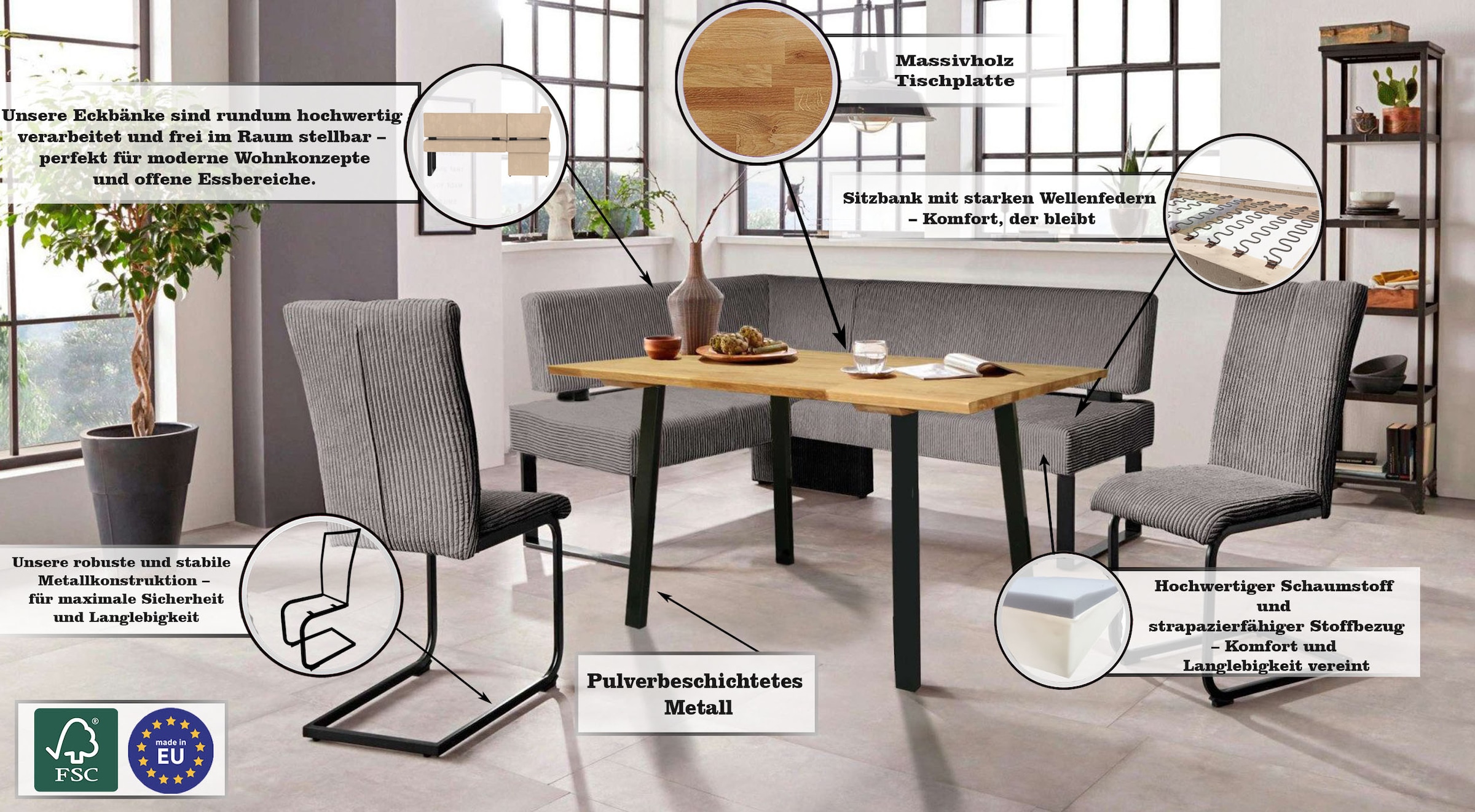 Home affaire Eckbank »Oliver mit Metallgestell, Küchenbank«, verschiedene Bezüge Cord Esszimmerbank