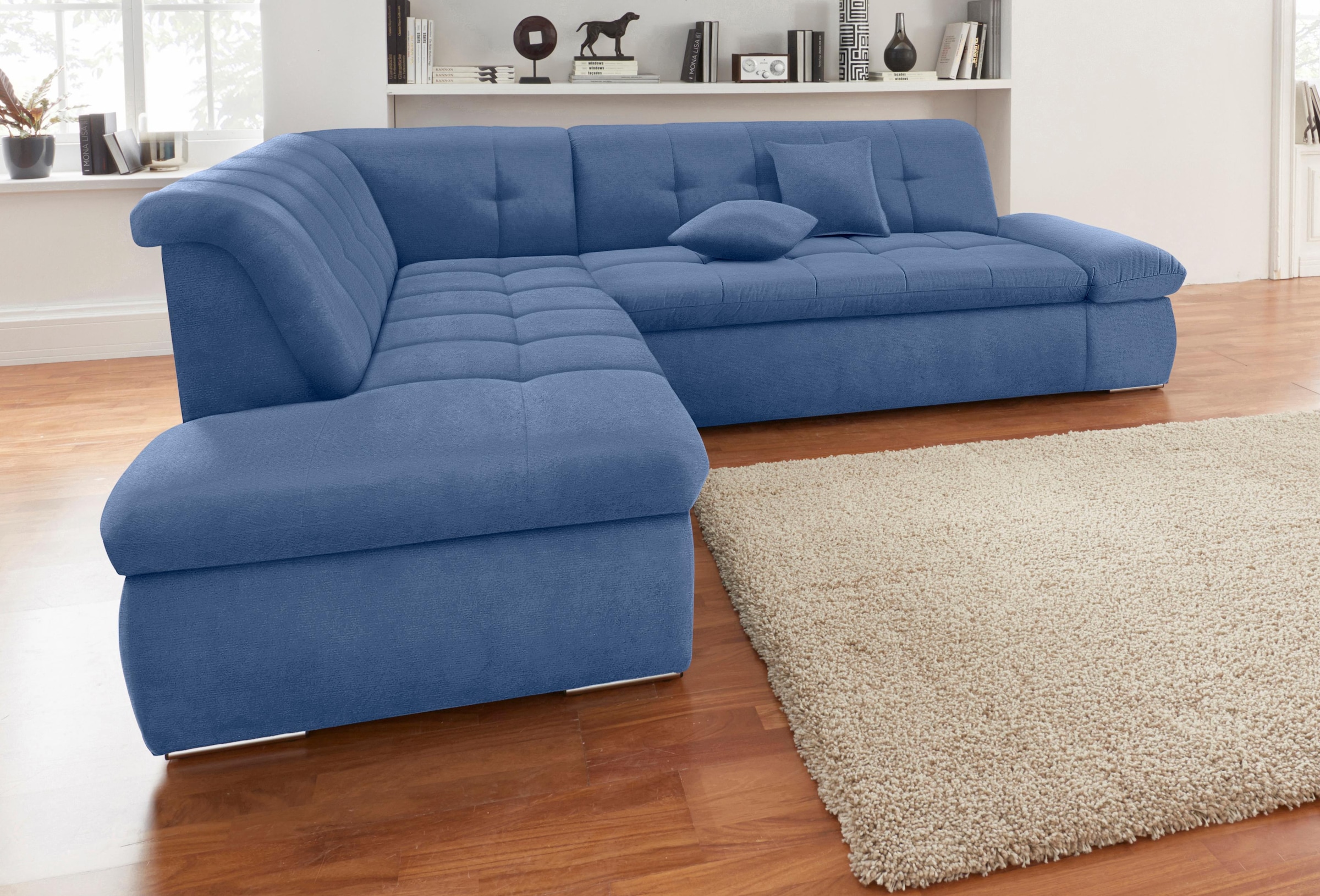 DOMO collection Ecksofa »NMoric incl. Zierkissen B/T/H: 273/216/80 cm L-Form«, Ottomanen-Abschluss, wahlweise mit Bettfunktion und Armlehnverstellung