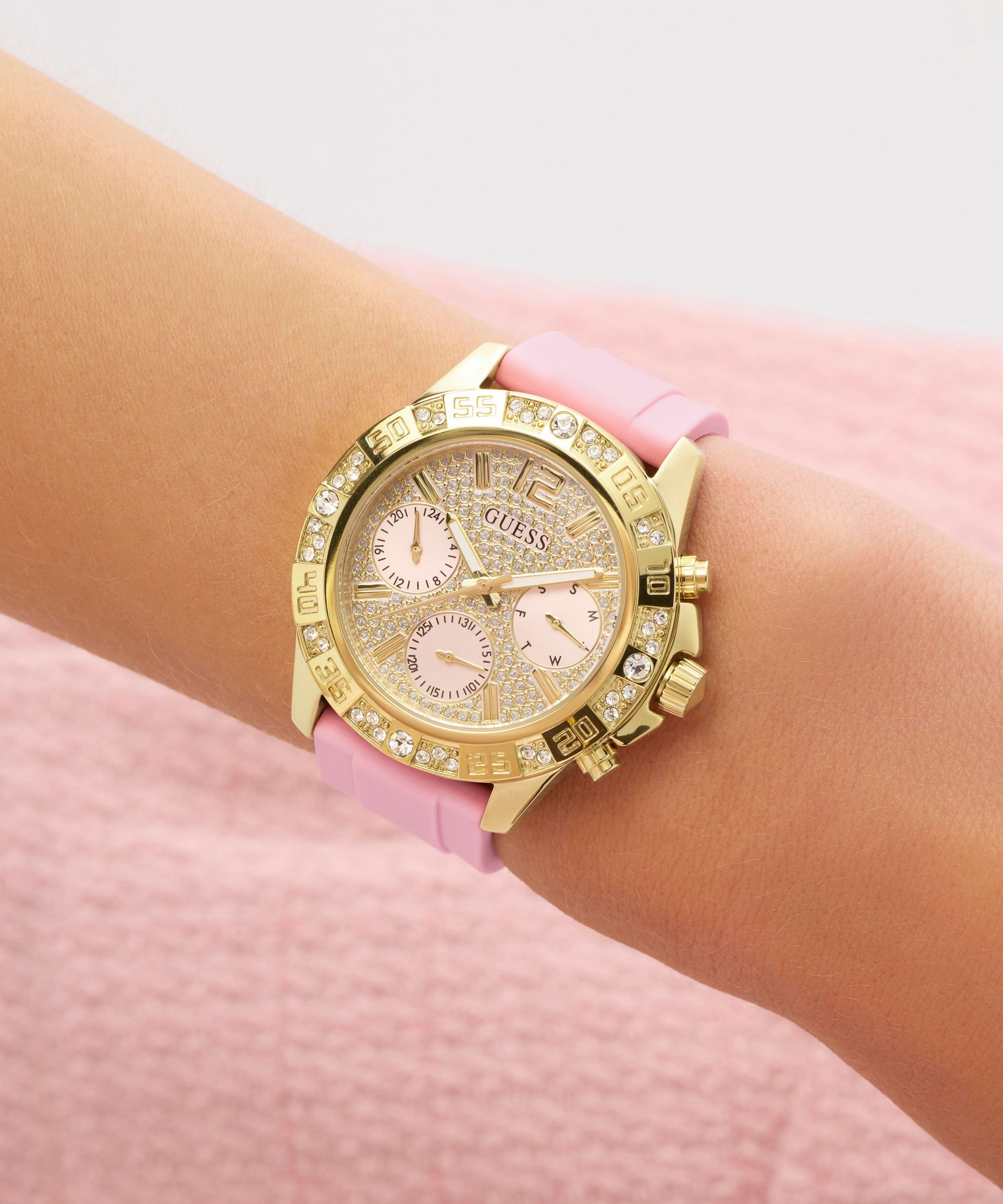 Guess Quarzuhr »GUESS-MAJESTY« Armbanduhr, Damenuhr, Silikonarmband, analog, Wochentag, Tag