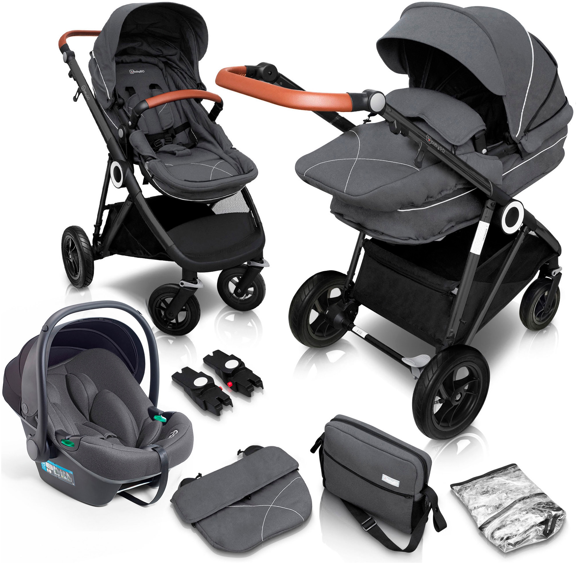 BabyGo Kombi-Kinderwagen »Halime 3in1, grau/schwarz«, 22 kg, inkl. Babywanne, Babyschale,...