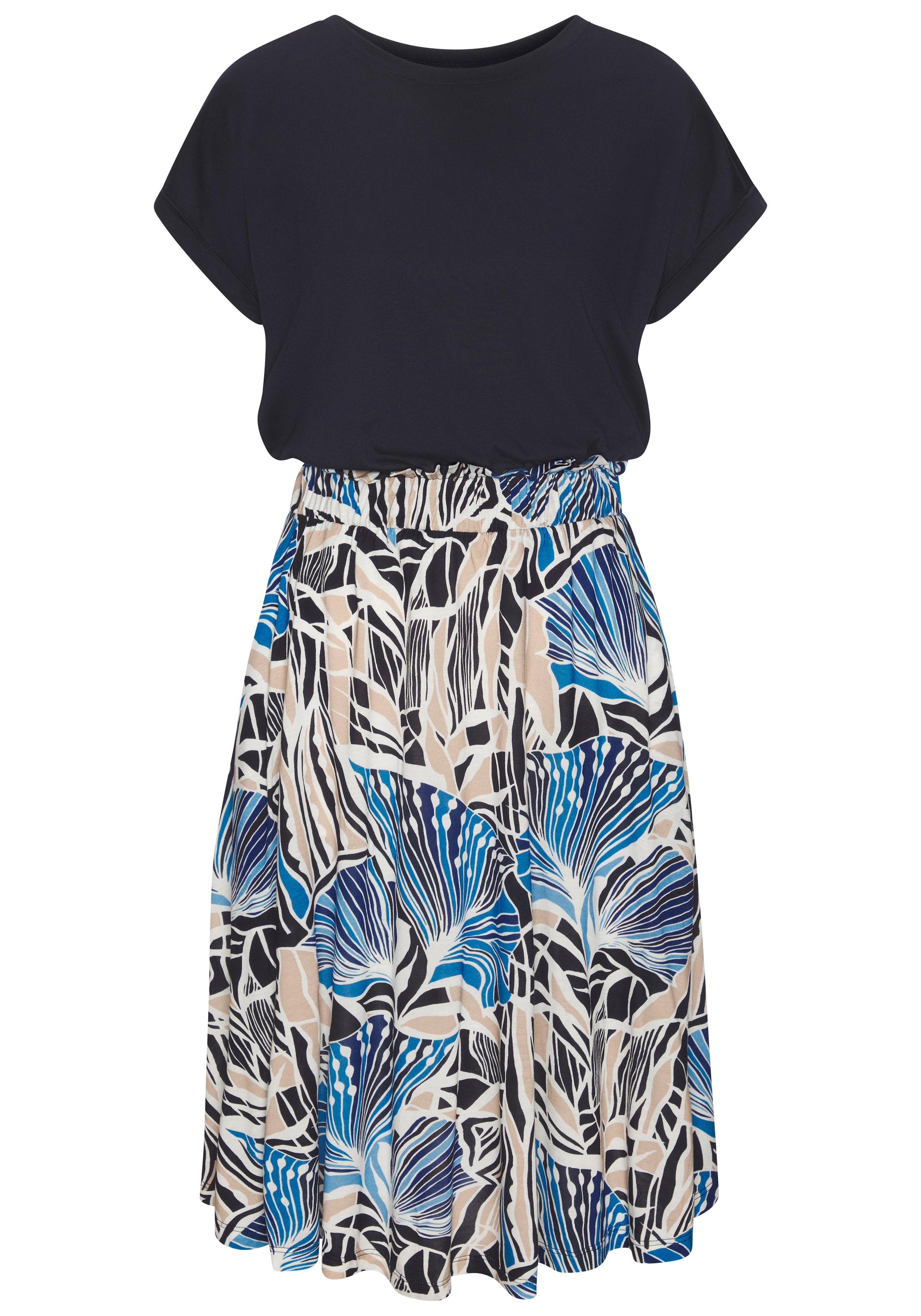 LASCANA Jerseykleid, mit Paperbag-Bund und bedrucktem Rock, kurzärmliges Sommerkleid