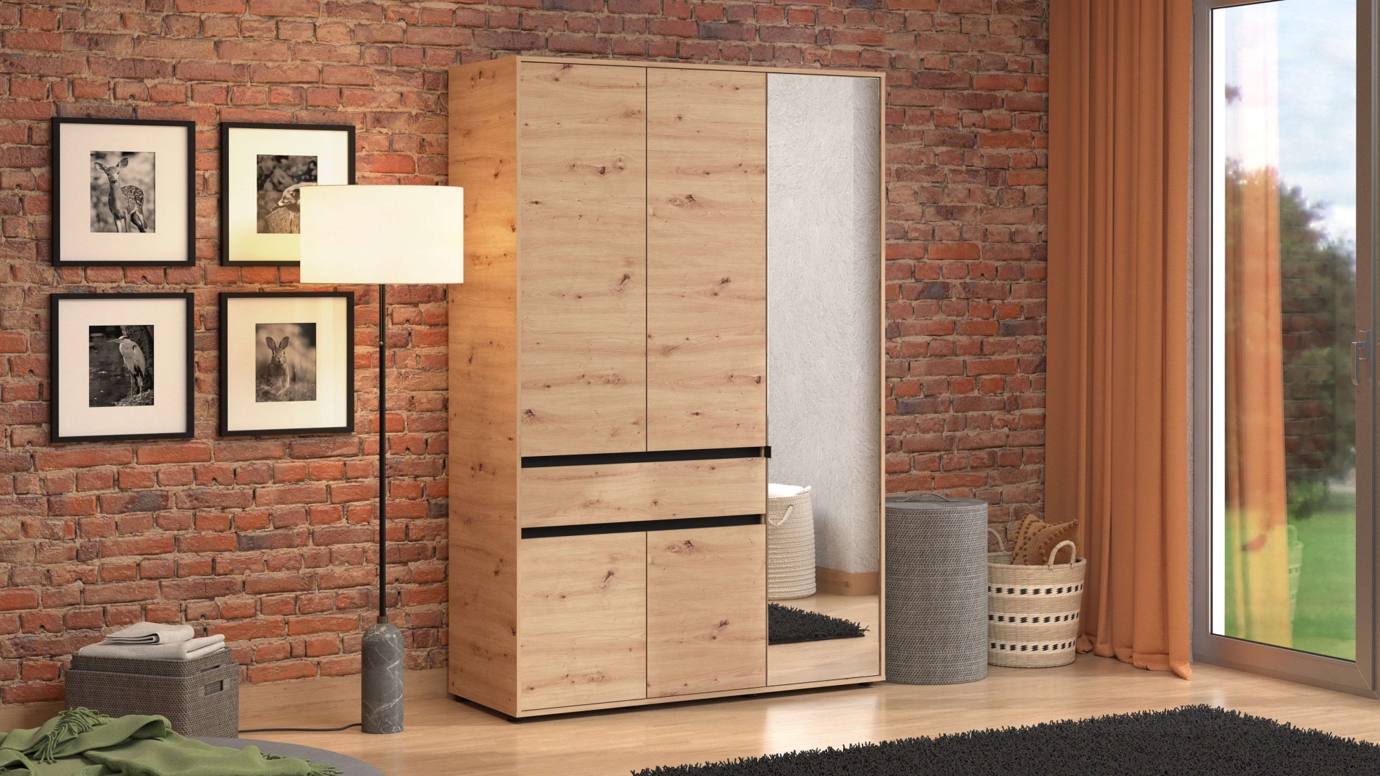 INOSIGN Kleiderschrank »Corbett, grifflose Optik, FSC-zertifziert, Made in Europe«, (138 oder 182,5cm breit, 211cm hoch und 54,5cm tief), mit Spiegel, 1 Schublade und Innenausstattung