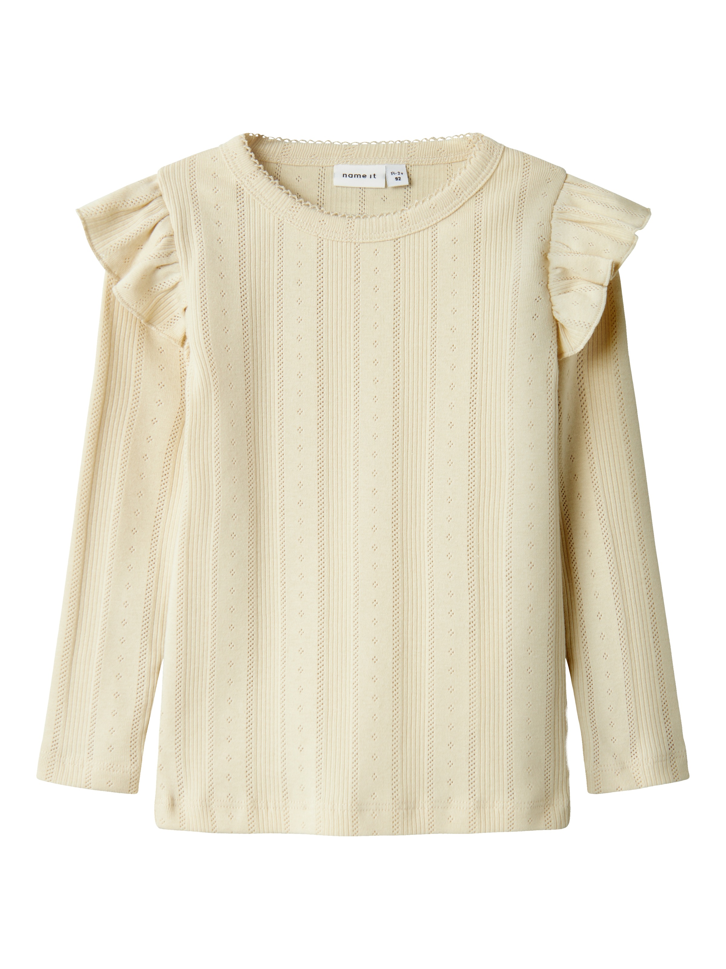Name It Longtop »NMFJULIA LS SLIM TOP NOOS«, mit tollem Volant an der Schulter und im süßen Ajourstrick-Design