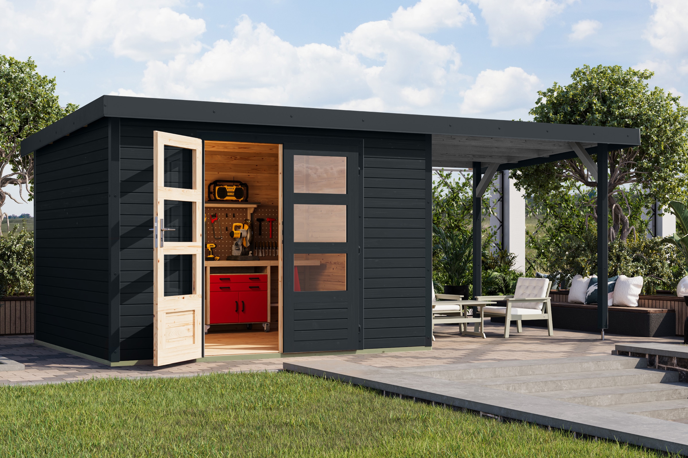 Karibu Gartenhaus "Jupiterino 5 SET, in verschiedenen Farben" inkl. Anbaudach