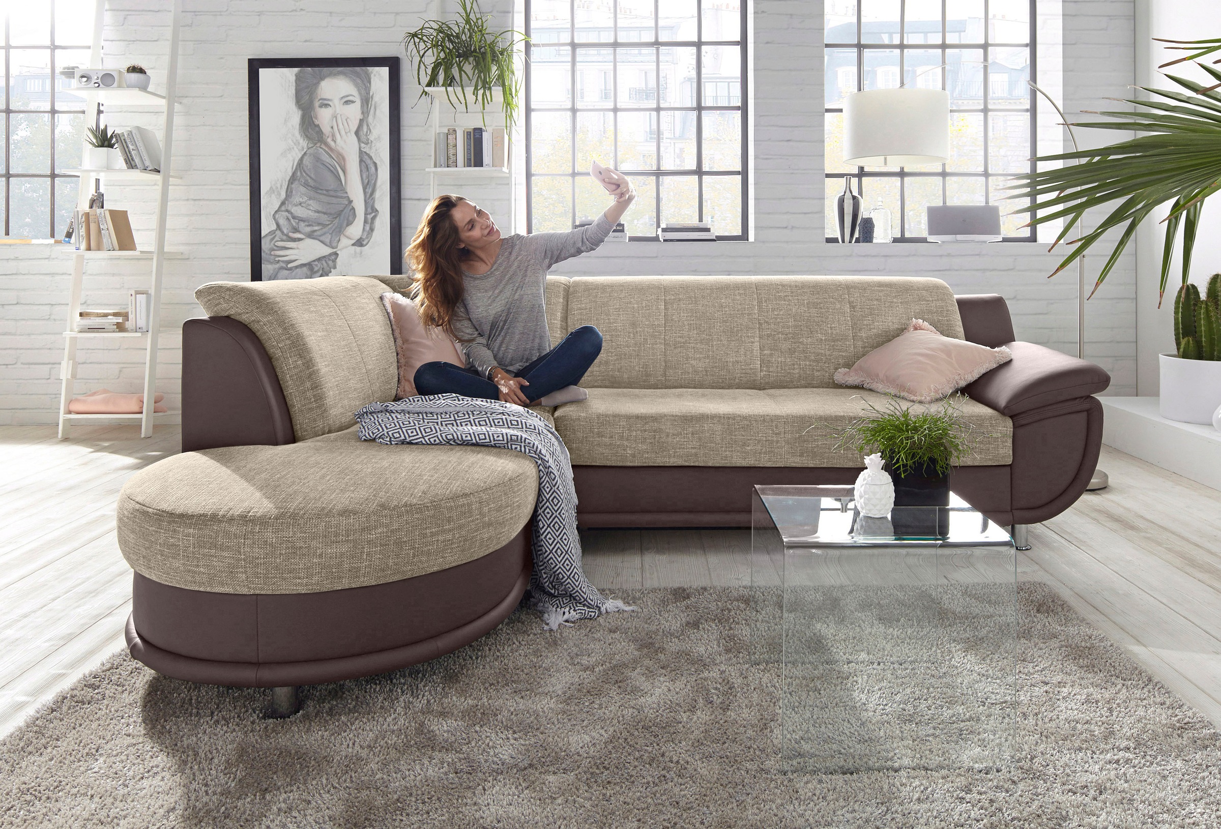 TRENDMANUFAKTUR Ecksofa »Rondo 3, zeitlos und bequem, Materialmix, breite Armlehnen, L-Form«, wahlweise mit Federkern für mehr Komfort, wahlweise mit Bettfunktion