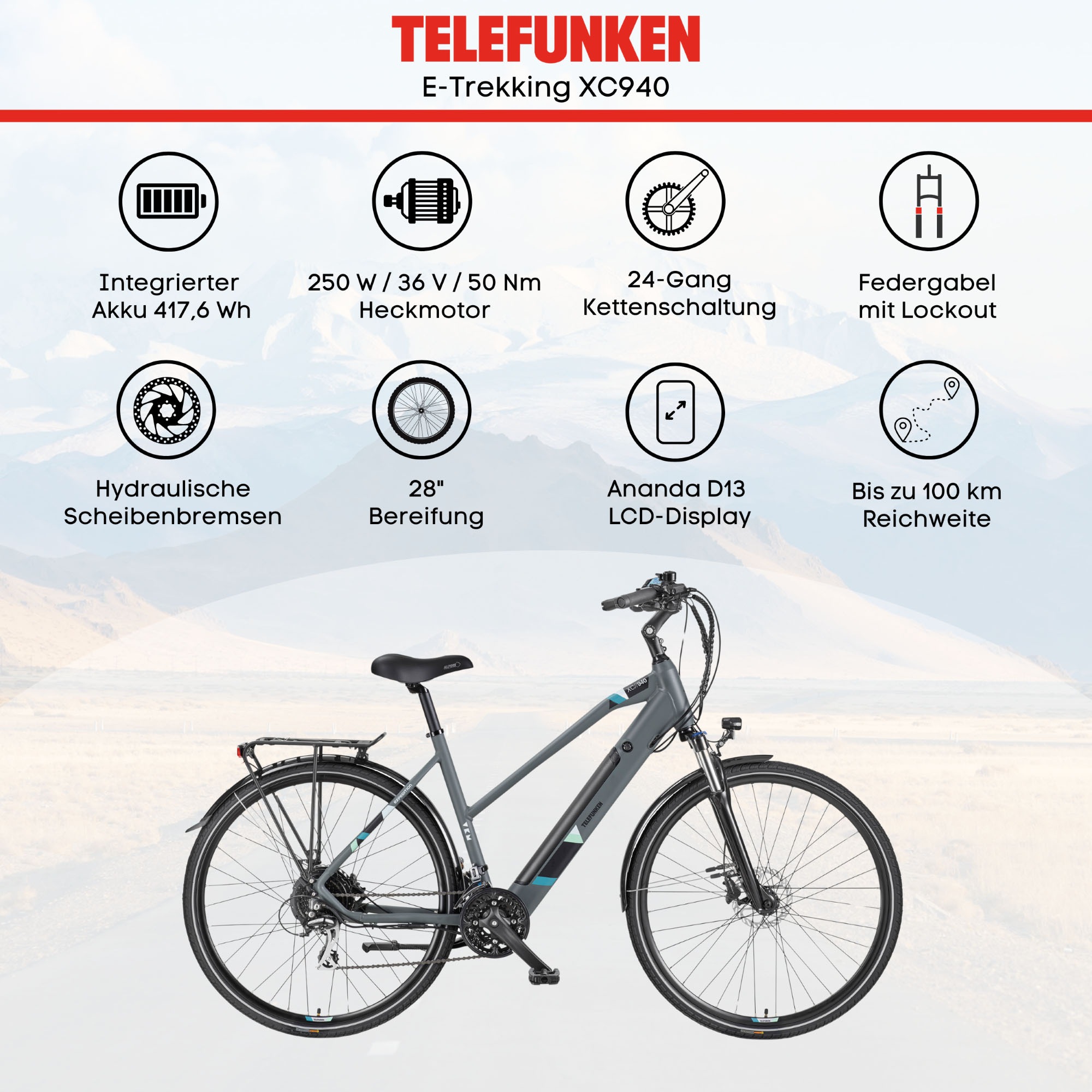 Telefunken E-Bike »Expedition XC940«, 24 Gang, Shimano, Acera, Heckmotor 250 W, (ca. 100 km Reichweite-hydraulische Scheibenbremsen-Straßenzulassung), Trekking Elektrofahrrad, Damen, 28 Zoll, 36 V 417,6 Wh Akku, Pedelec