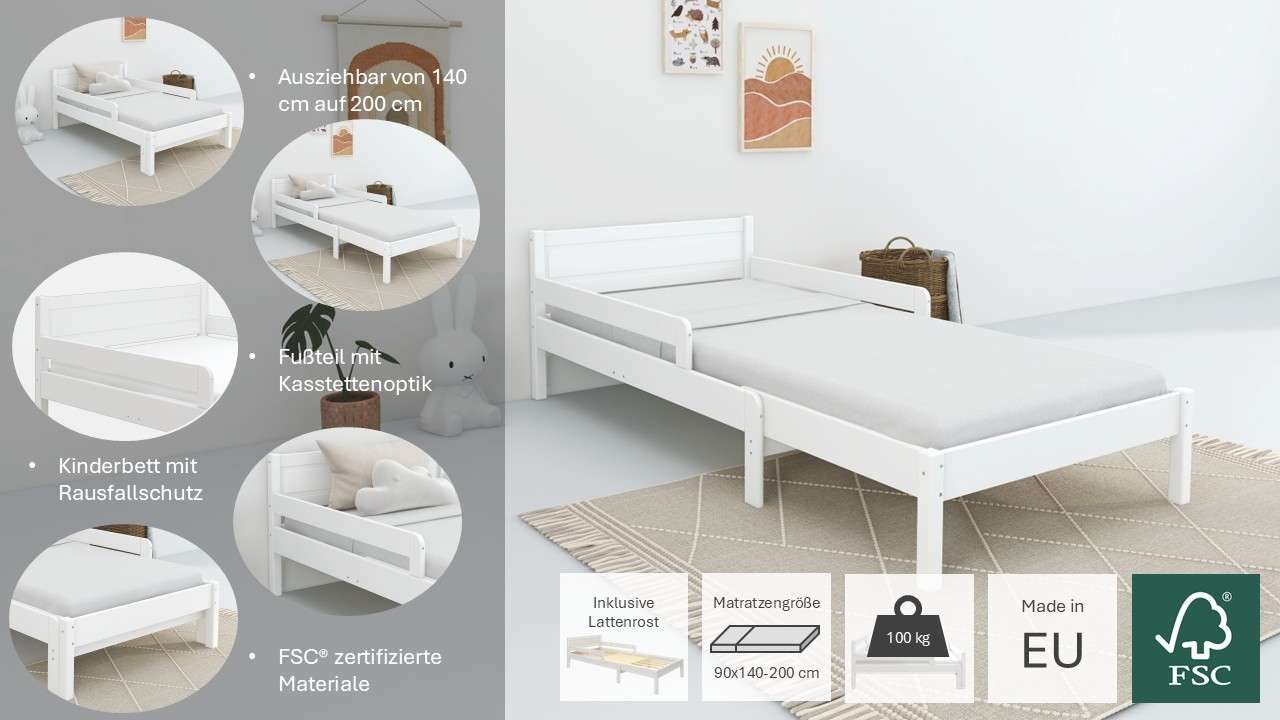OTTO home Kinderbett »Hero, Massivholzbett, ausziehbar von 140 bis 200 cm, FSC®« 90cm Breite, 140-200cm Liegefläche,  massive Kiefer, mit Lattenrost, zeitlose Optik,  Rausfallschutz