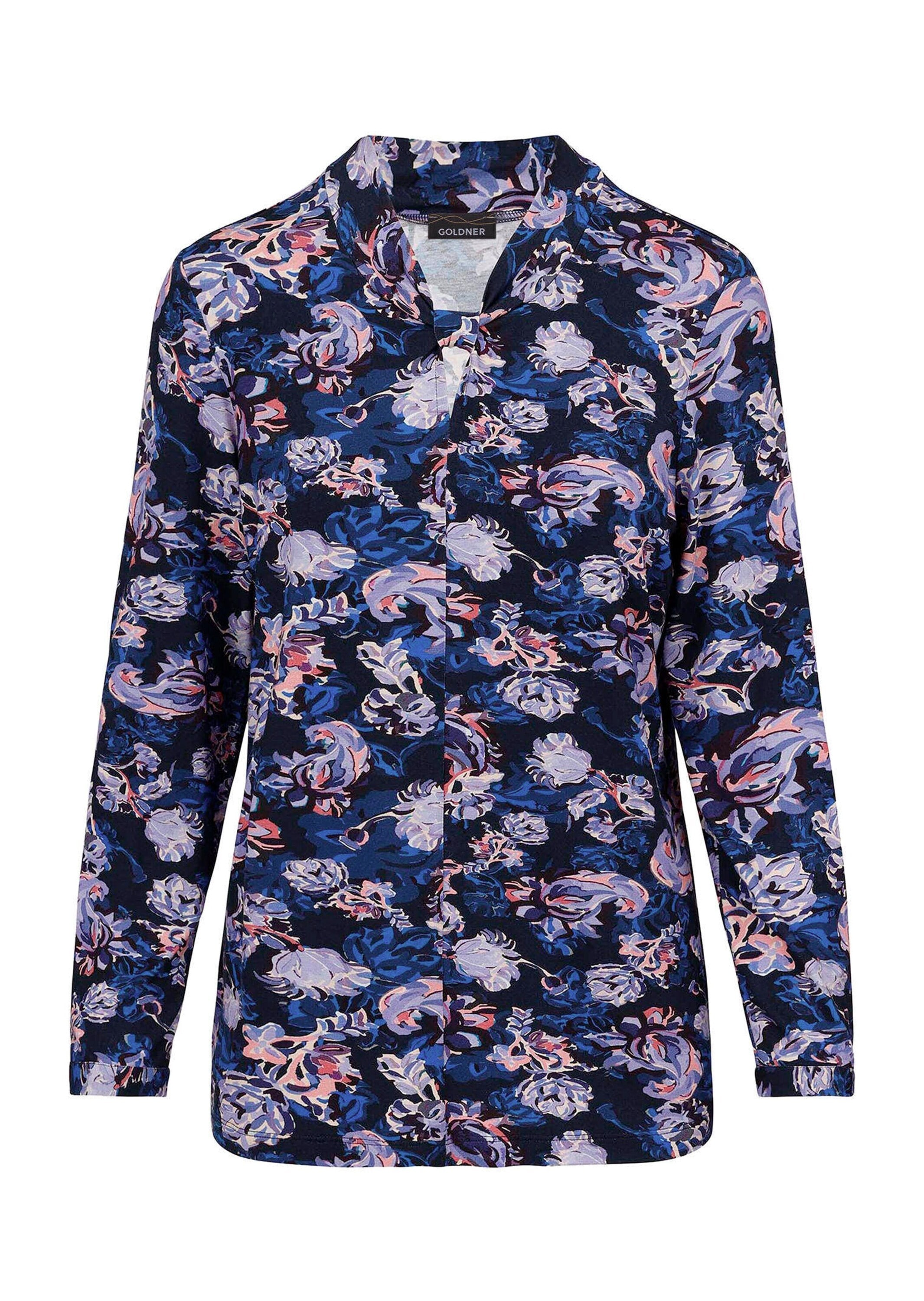 GOLDNER Print-Shirt "Kurzgröße Knotenshirt mit Stehkragen" raffinierte Ausschnittlösung