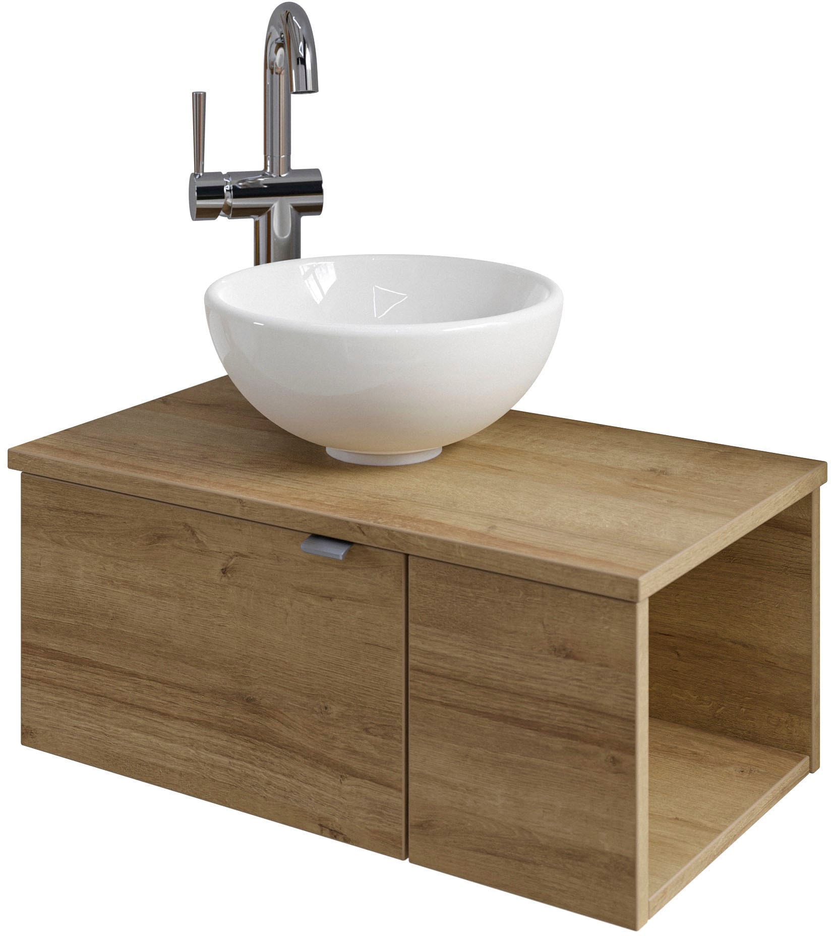 Saphir Waschtisch "Serie 6915 Waschschale mit Unterschrank für Gästebad, Gäste WC" Keramik-Aufsatzbecken, Waschtischplatte, Waschtischunterschrank, 3 Stk. tlg. 61 cm breit, 2 Türen, offenes Fach, kleine Bäder, ohne Armatur