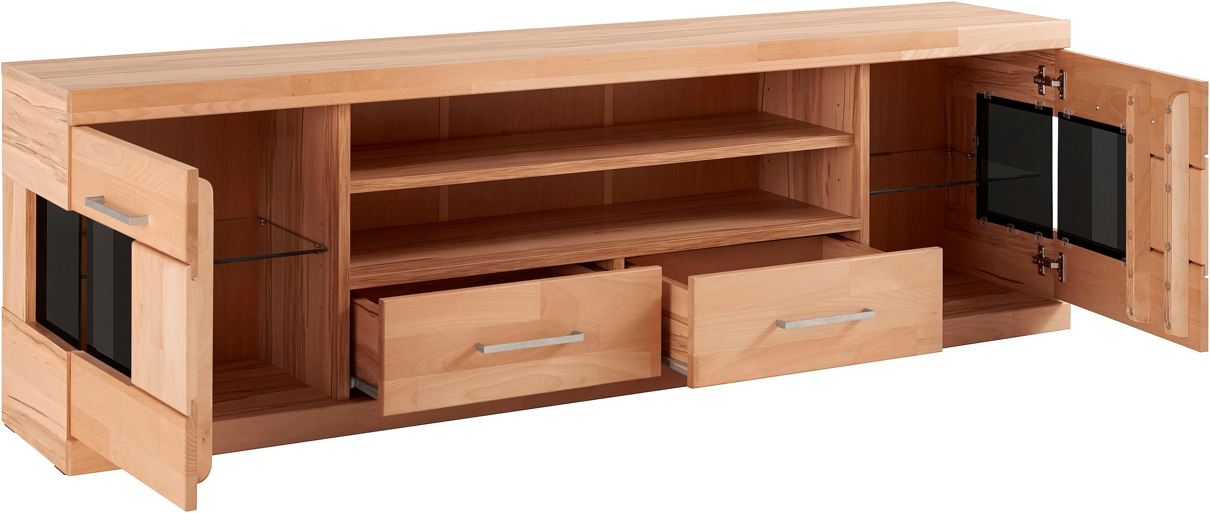 Home affaire Lowboard »Ribe,180cm breit, Fronten Massivholz,6 Fächer,Kabeldurchführung«, Korpus Holzwerkstoff,Glaseinsatz aus gehärtetem Glas,Böden versetzbar
