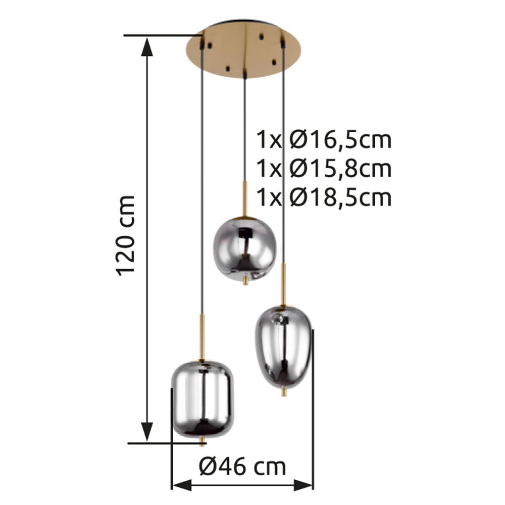 GLOBO LIGHTING Hängeleuchte »BLACKY I« E14 1 Stk. Hängeleuchte Messing matt, 3 Gläser, höhenkürzbar, E14