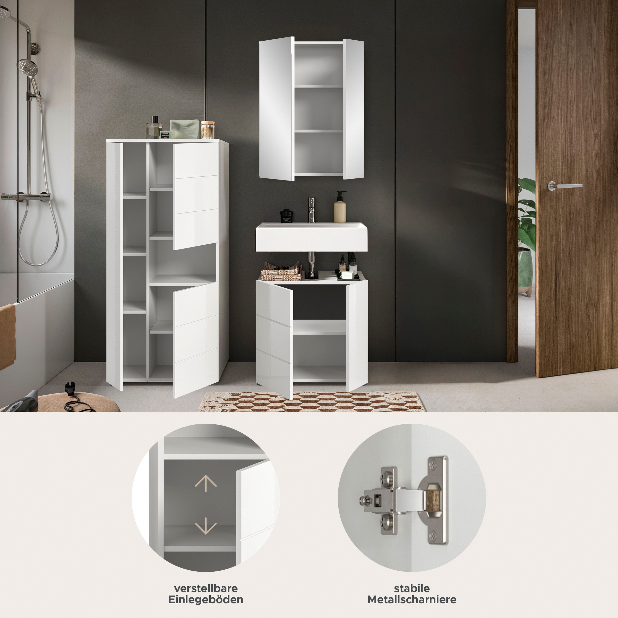 welltime Badmöbel-Set "Biel, Höhe 190 cm, Midischrank, Unterschrank, Spiege günstig online kaufen