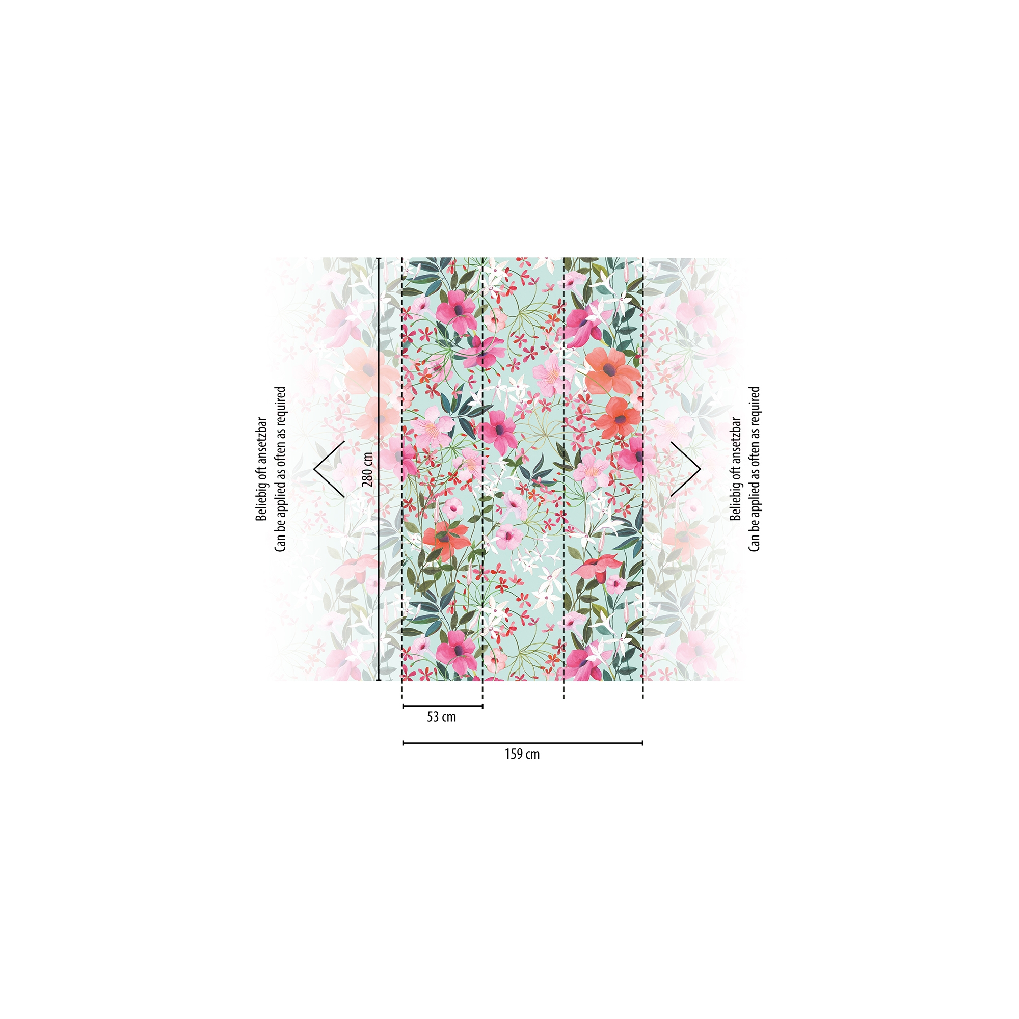 living walls Fototapete "Fototapete Blumenranke" gemustert matt neutral glatt Blumentapete Floral Tapeten Wohnzimmer Schlafzimmer Küche Türkis Optik