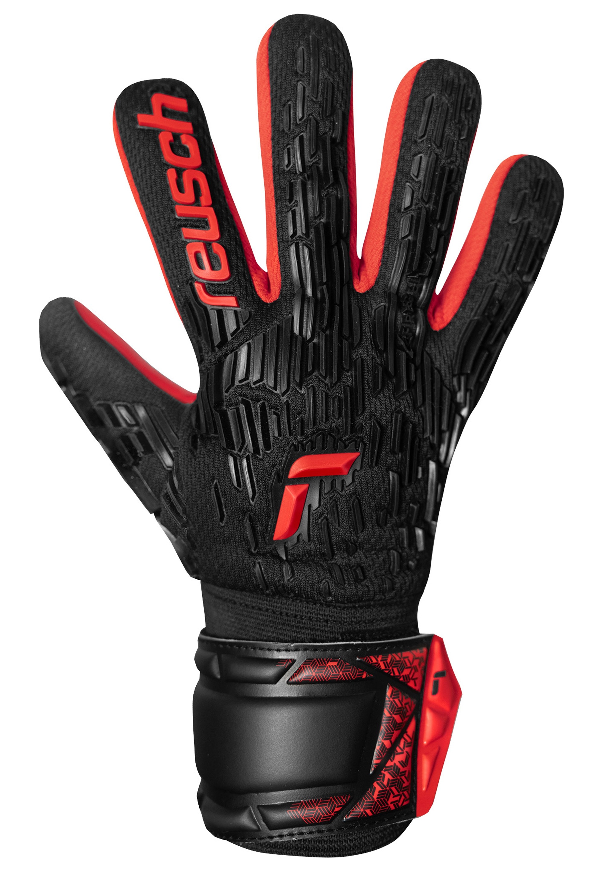 Torwarthandschuhe REUSCH "Attrakt Freegel Silver NC Junior", Kinder, Gr. 8, schwarz (schwarz, rot), 56% Elastodien, 34% Polyester, 5% Polyurethan, mehrfarbig, Handschuhe, mit leichtem und widerstandsfähigem Material 3