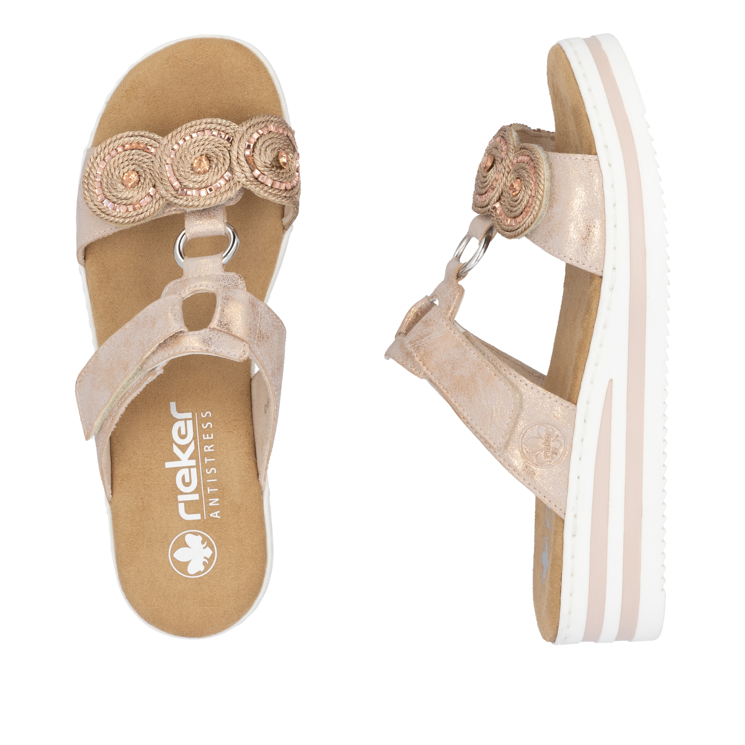 Rieker Keilpantolette  Sommerschuh, Urlaubsschuh mit Glitzersteine, Metallic-Optik