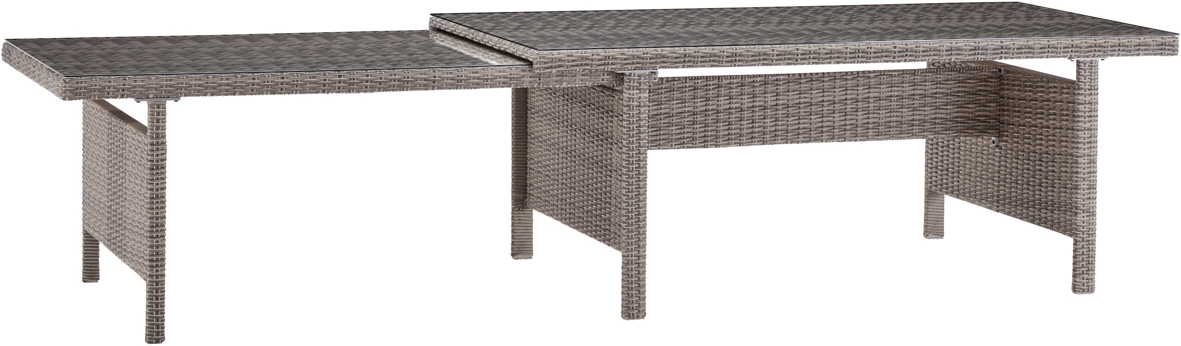 KONIFERA Garten-Essgruppe »Monaco«, (Set, 31 tlg., 10x Sessel, 1xTisch 200-366x100x75,5cm, inkl. Auflagen, Polyrattan,Alu), Rückenlehne verstellbar, Tischplatte aus 5mm starkem Sicherheitsglas