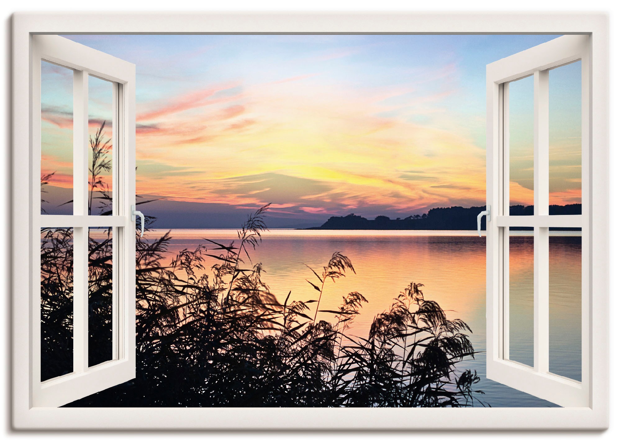 Artland Wandbild »Fensterblick - Abendrot im Schilf«, Fensterblick, (1 St.),  als Leinwandbild, Wandaufkleber oder Poster in versch. Größen kaufen | BAUR