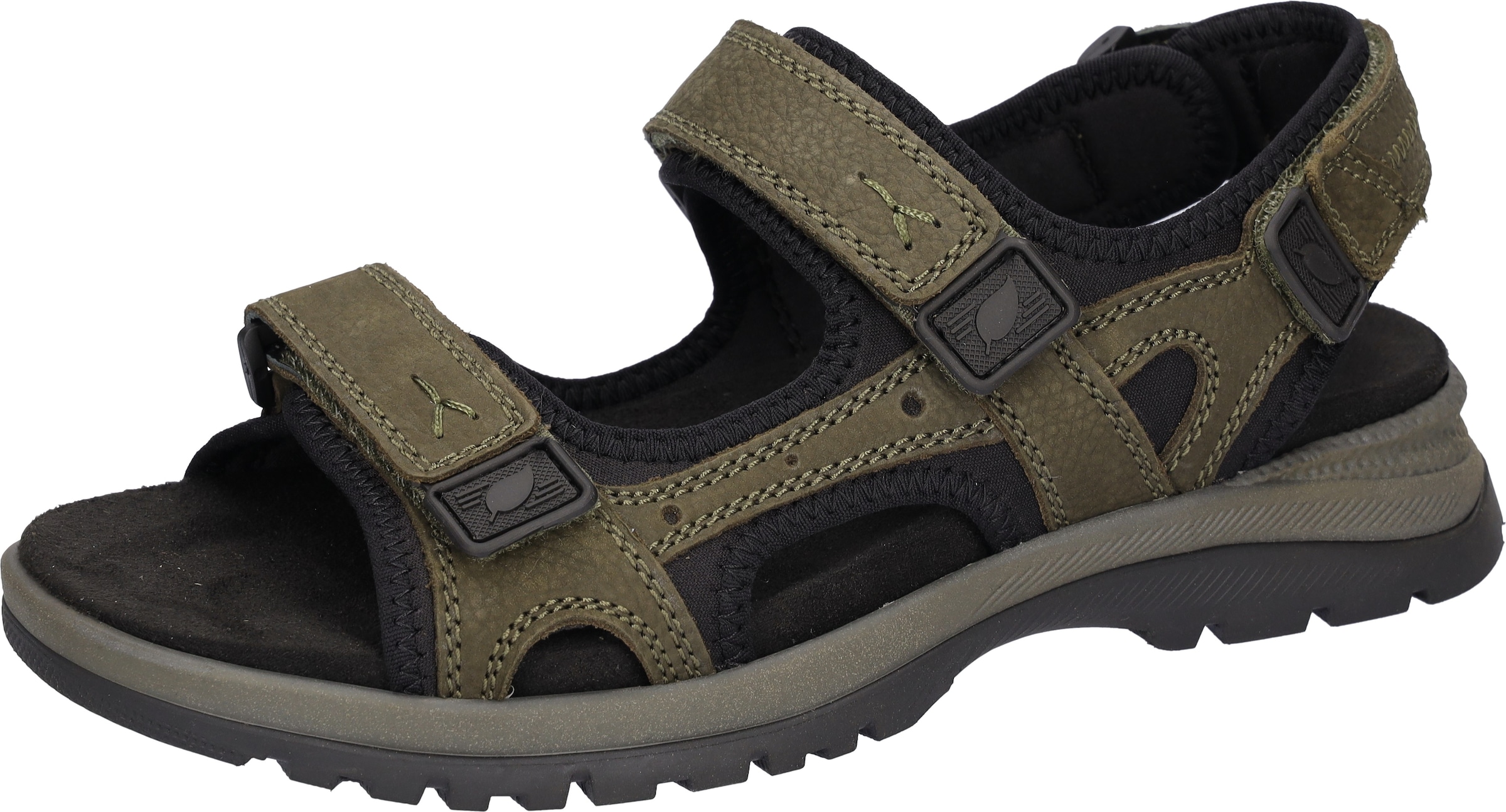 Trekkingsandale WALDLÄUFER "H-TARO", Damen, Gr. 7,5 (41), oliv, schwarz, Nubukleder, Textil, unifarben mit Farbeinsatz, Schuhe, Outdoorsandale, Klettsandale in Komfortweite H (= sehr weit)