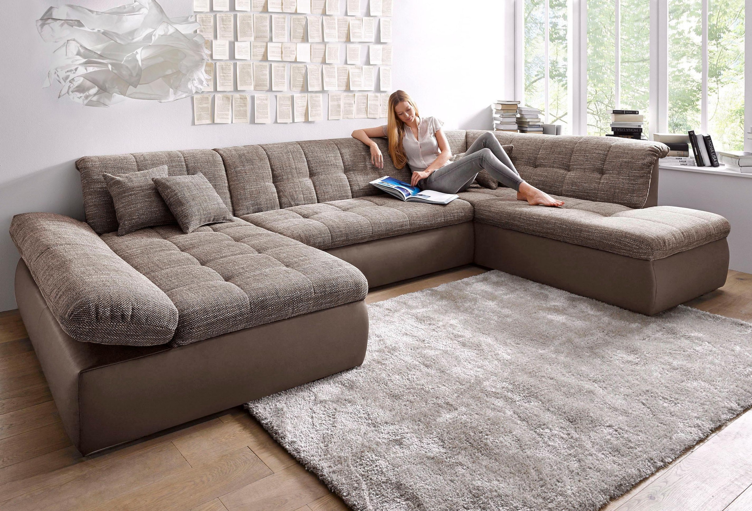 DOMO collection Wohnlandschaft "MORIC 353x216x80 cm, mit viel Platz, U-Form, auch in Cord" im XXL-Format, wahlweise mit Bettfunktion und Armlehnenverstellung