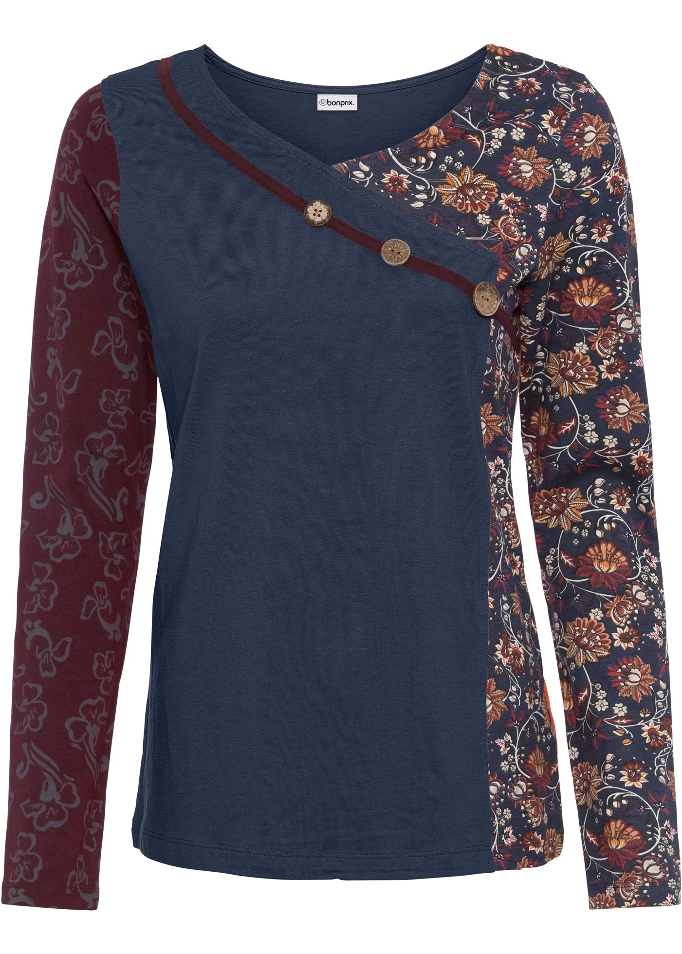 bonprix Langarmshirt Material- und Mustermix mit Blumenprint, mit V-Ausschnitt