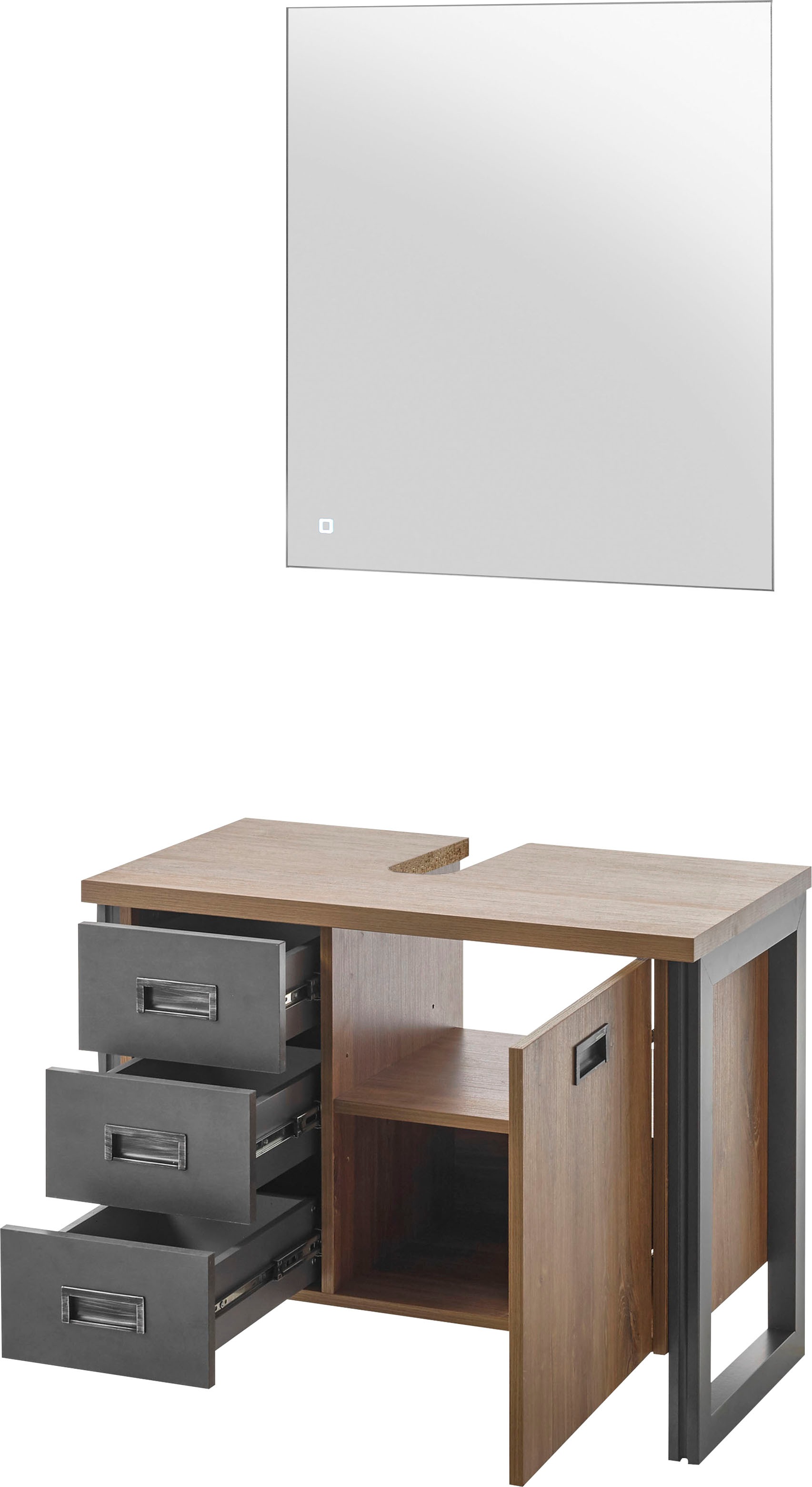 Home affaire Badmöbel-Set »Detroit, Bad im Industrialdesign, inkl. LED, 2-teiliges Badezimmer«, (2 St.), Waschbeckenunterschrank und Spiegel, holzfarben, mit Stauraum
