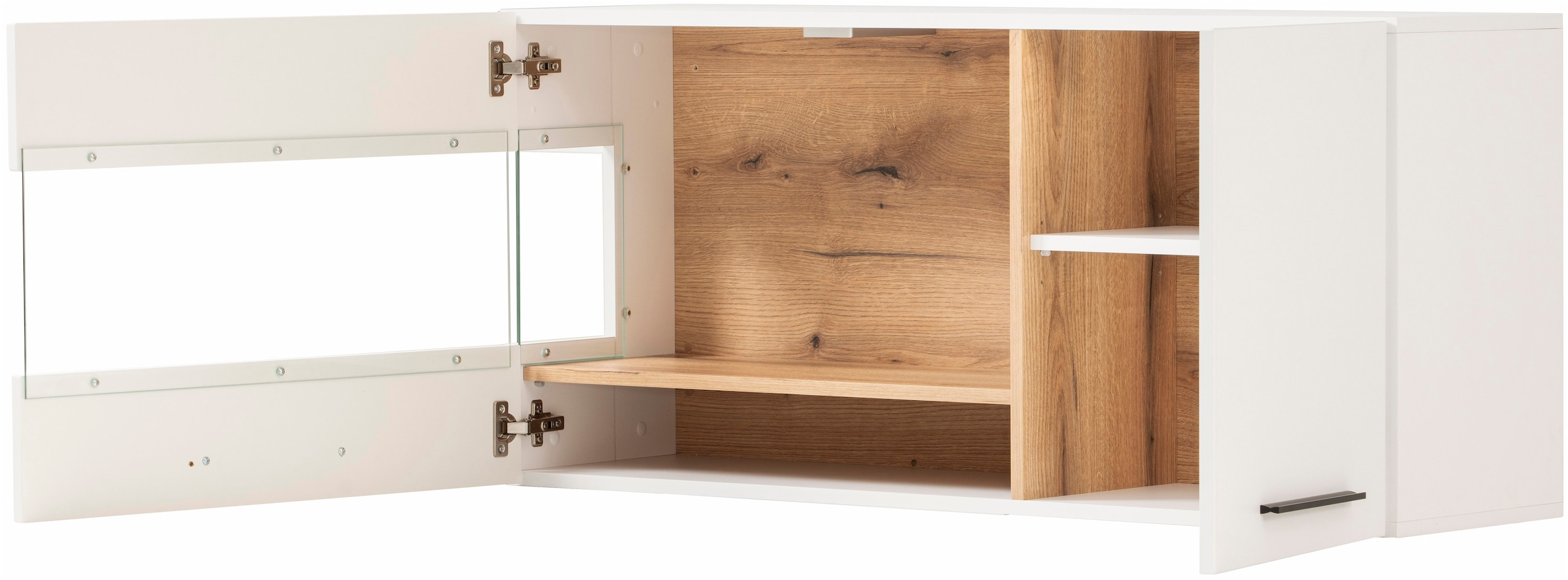 INOSIGN Hängevitrine »Salerno Hängeschrank, Glasvitrine, Weiß mit Eiche Evoke Dekor, modern.«, Metallgriffe, ausreichend Stauraum, vielseitig einsetzbar, 120cm breit