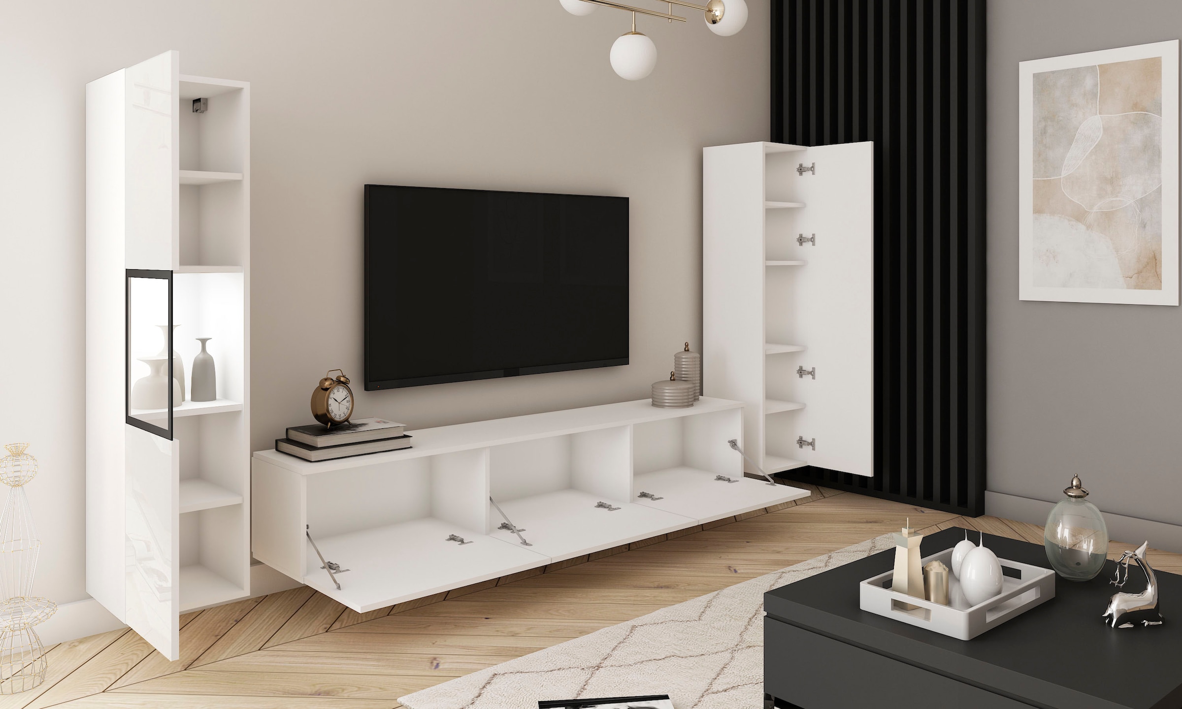 INOSIGN Wohnwand »BERLIN III, Vitrine Türschlag links/rechts wechselbar«, (Komplett-Set, 3 St.), moderne grifflose Mediawand Breite 260 cm, Vitrine mit Verglasung