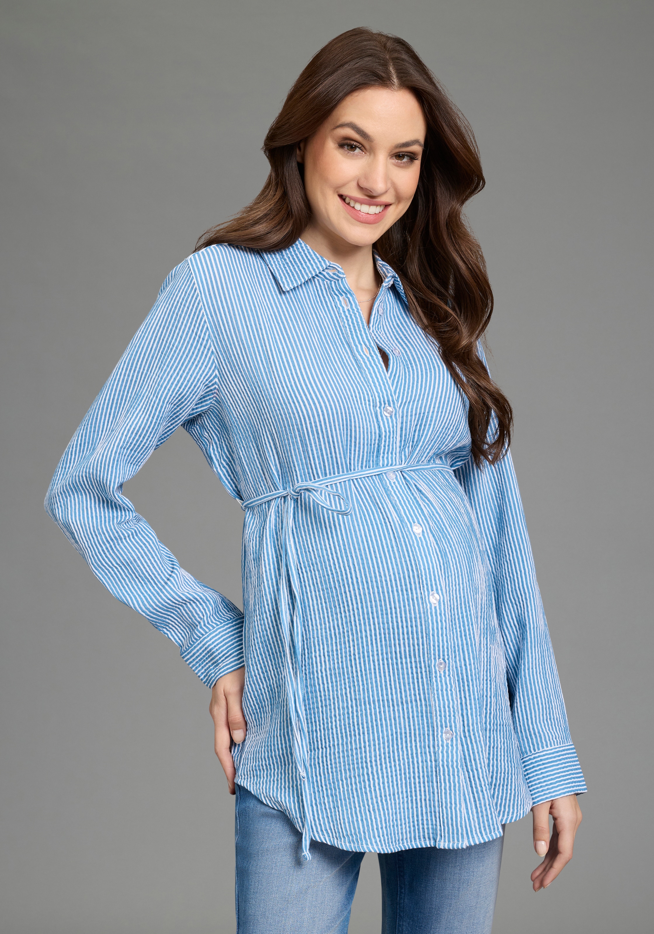 Neun Monate Umstandsshirt "Umstands-Bluse, Musselin, Streifenbluse" mit Blusenkragen, mit Bindebändern, mit Knopfleiste, langärmlig