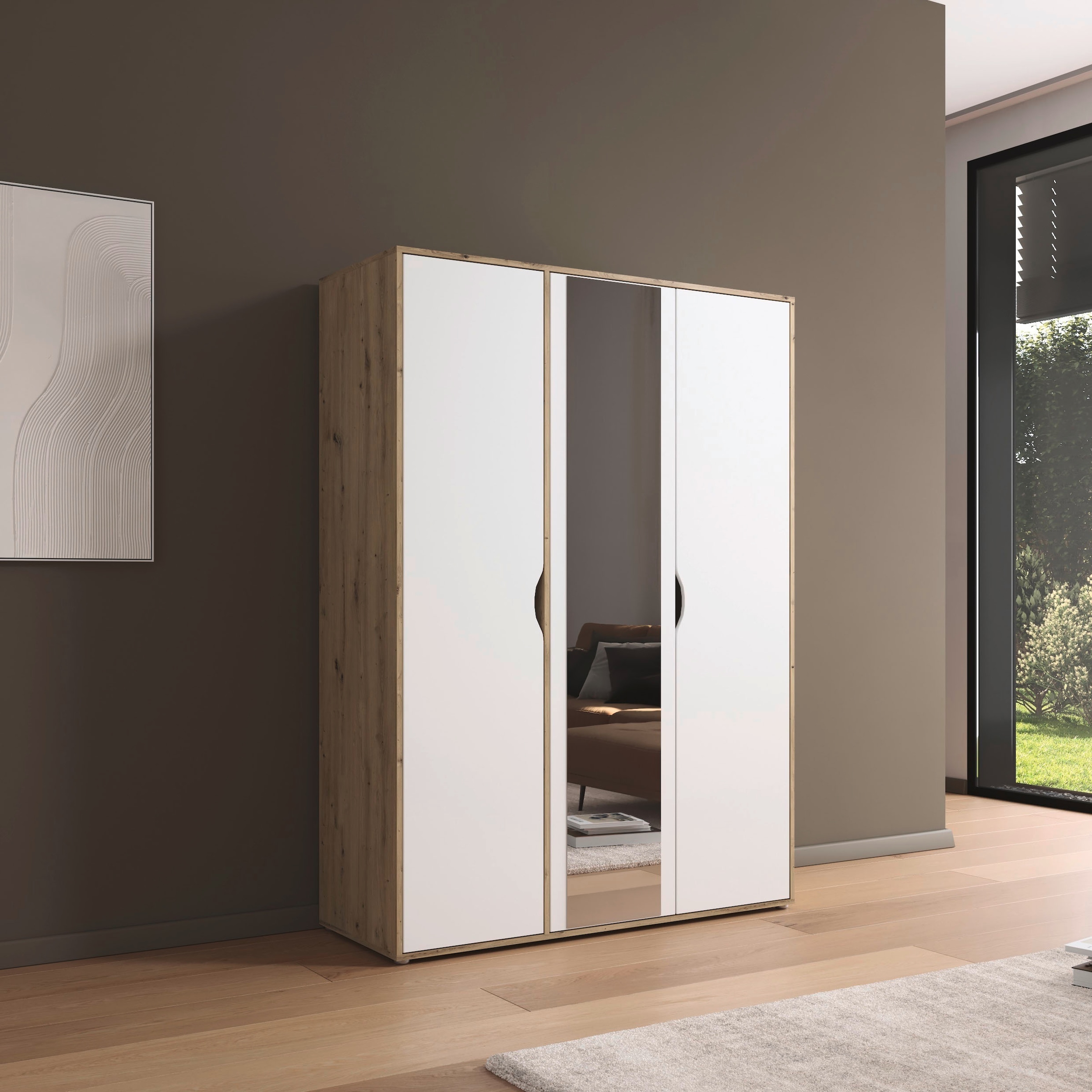 rauch Drehtürenschrank »Kleiderschrank Schrank Garderobe Wäscheschrank NARAI mit Spiegel«, (in 3 verschiedenen Ausstattungen BASIC/CLASSIC/PREMIUM), Griffausfräsungen für eine grifflose Optik TOPSELLER MADE IN GERMANY
