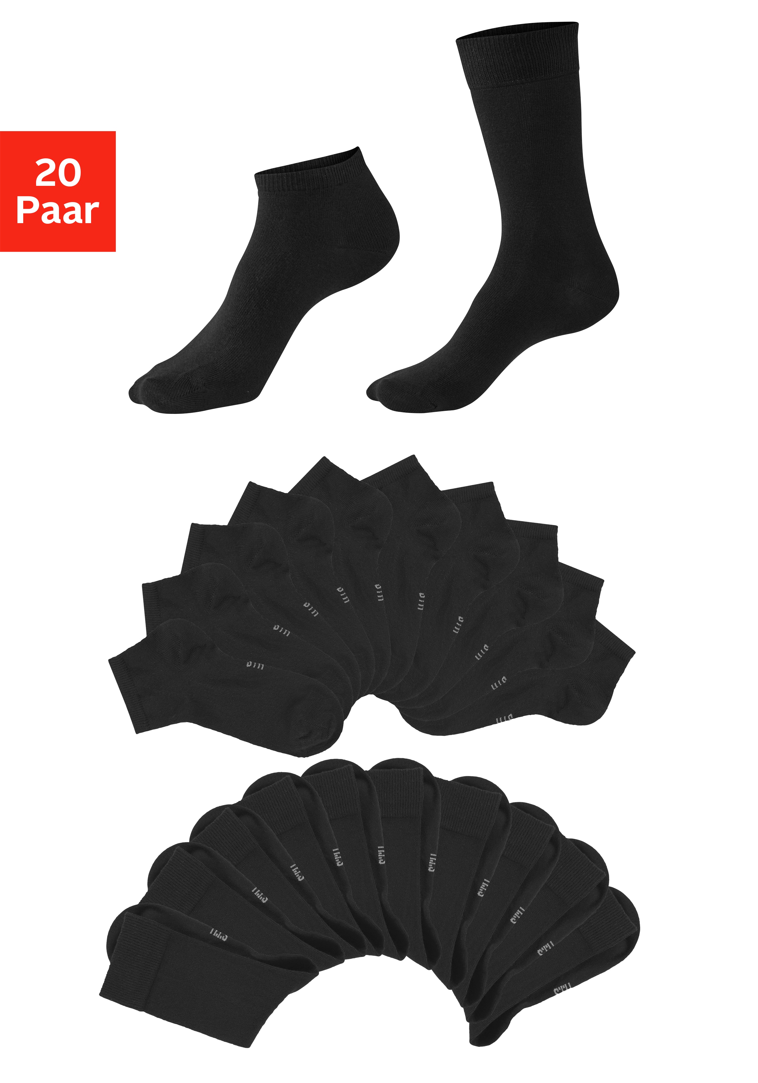 H.I.S Basicsocken "Damen und Herren Atmungsaktiver Baumwollanteil; Business, Basic" Packung, 20 Paar tlg. zwei Längen im Kombi Pack