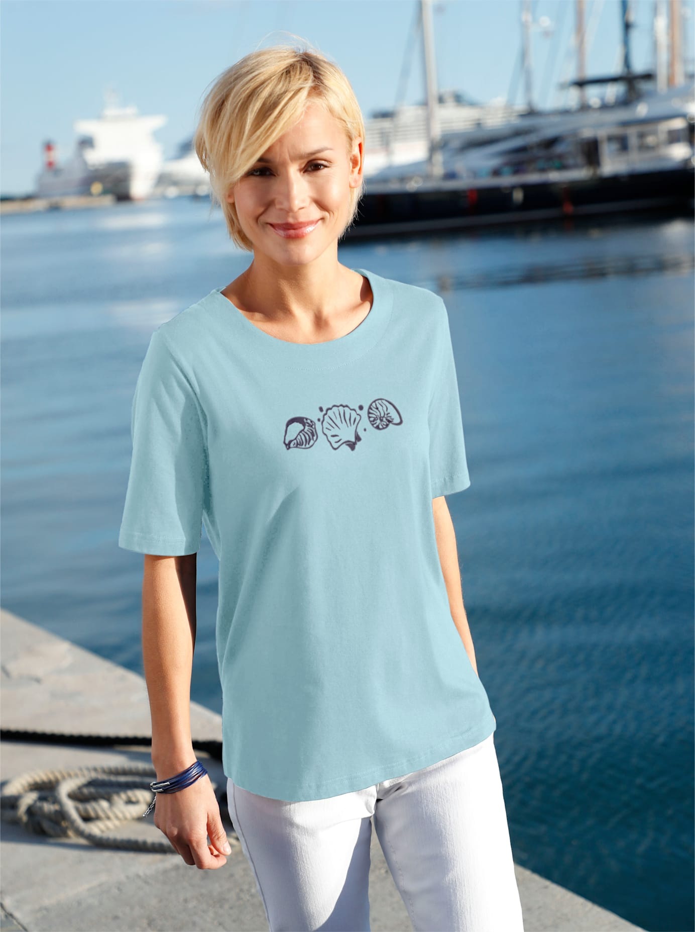 Kurzarmshirt CASUAL LOOKS "Shirt", Damen, Gr. 38, blau (hellblau), 100% Baumwolle, bedruckt, gemustert, unifarben, Rundhals, Shirts