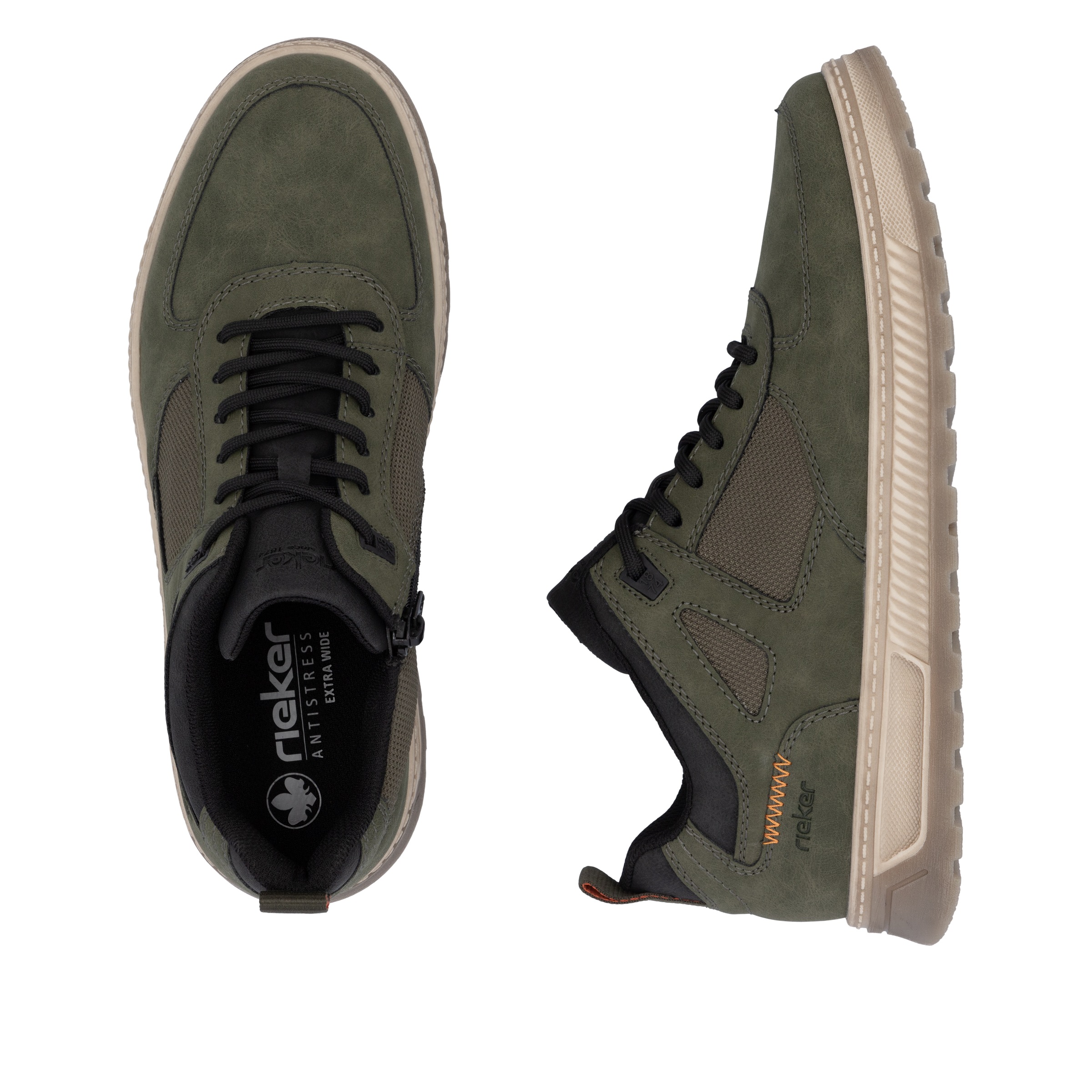 Sneaker RIEKER, Herren, Gr. 40, schwarz (khaki, schwarz), Nubuklederimitat, Textil, kontrastfarbene Details, Schuhe Sneaker, Schnürschuh, Halbschuh, Outdoorschuh mit gepolstertem Schaftrand 3