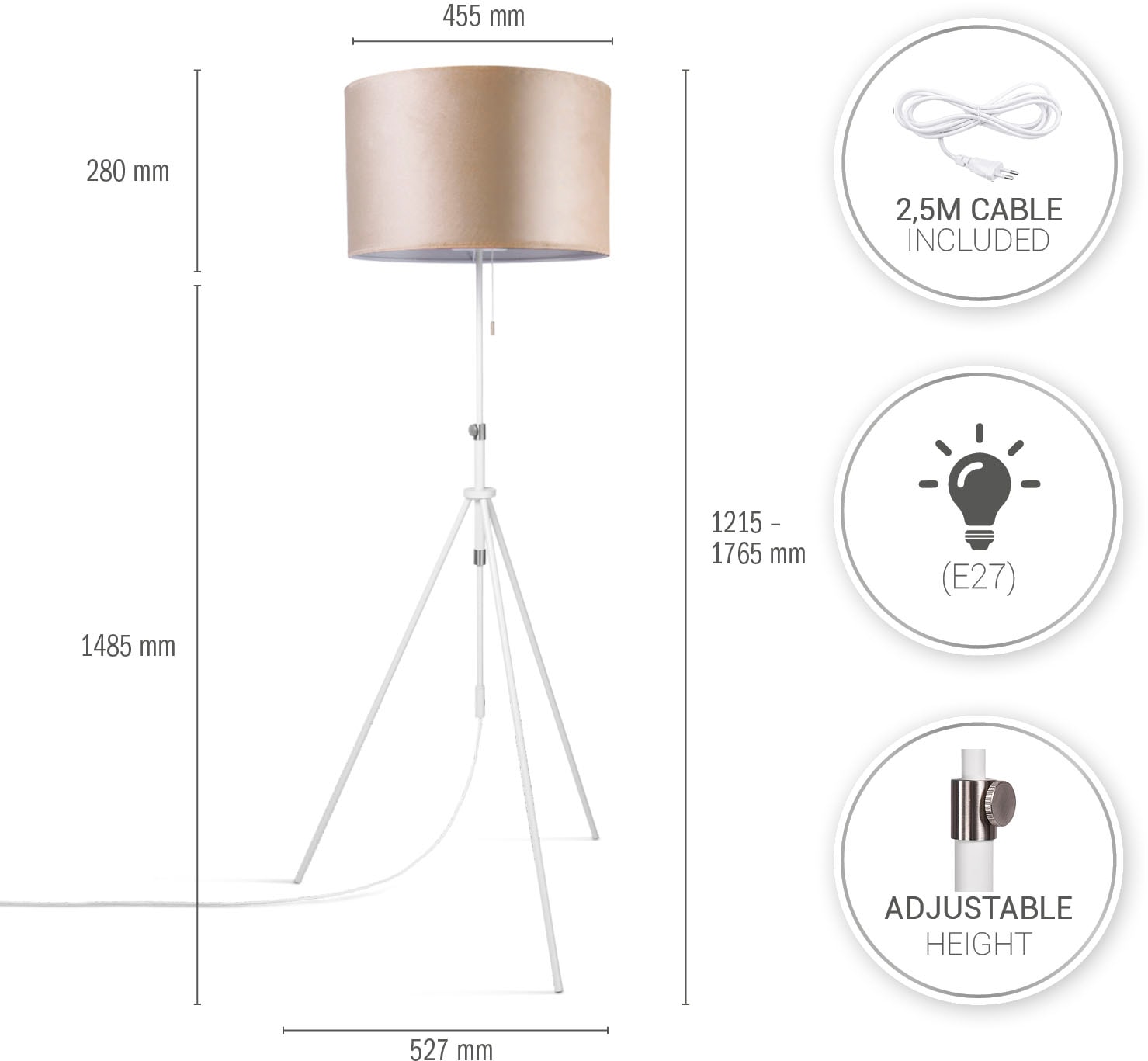 Paco Home Stehlampe »Naomi uni Color«, Leuchtmittel E27 | ohne Leuchtmittel, Wohnzimmer Höhenverstellbar 121,5 bis 176,5 cm Zugschalter Velour