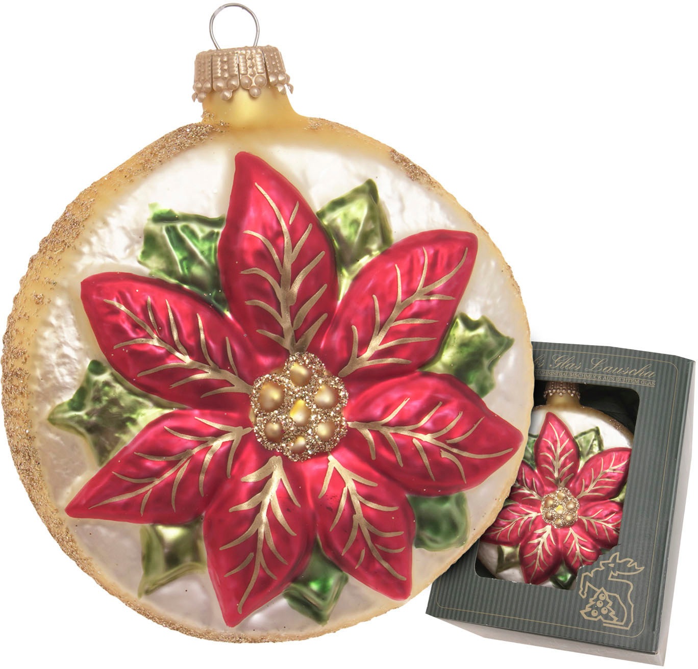 Christbaumschmuck "Weihnachtstern Taler, Gold/Rot, 8cm", B:6cm H:6cm T:9cm, rot, KREBS GLAS LAUSCHA, Weihnachtsbaumschmuck, Christbaumschmuck, Glas,