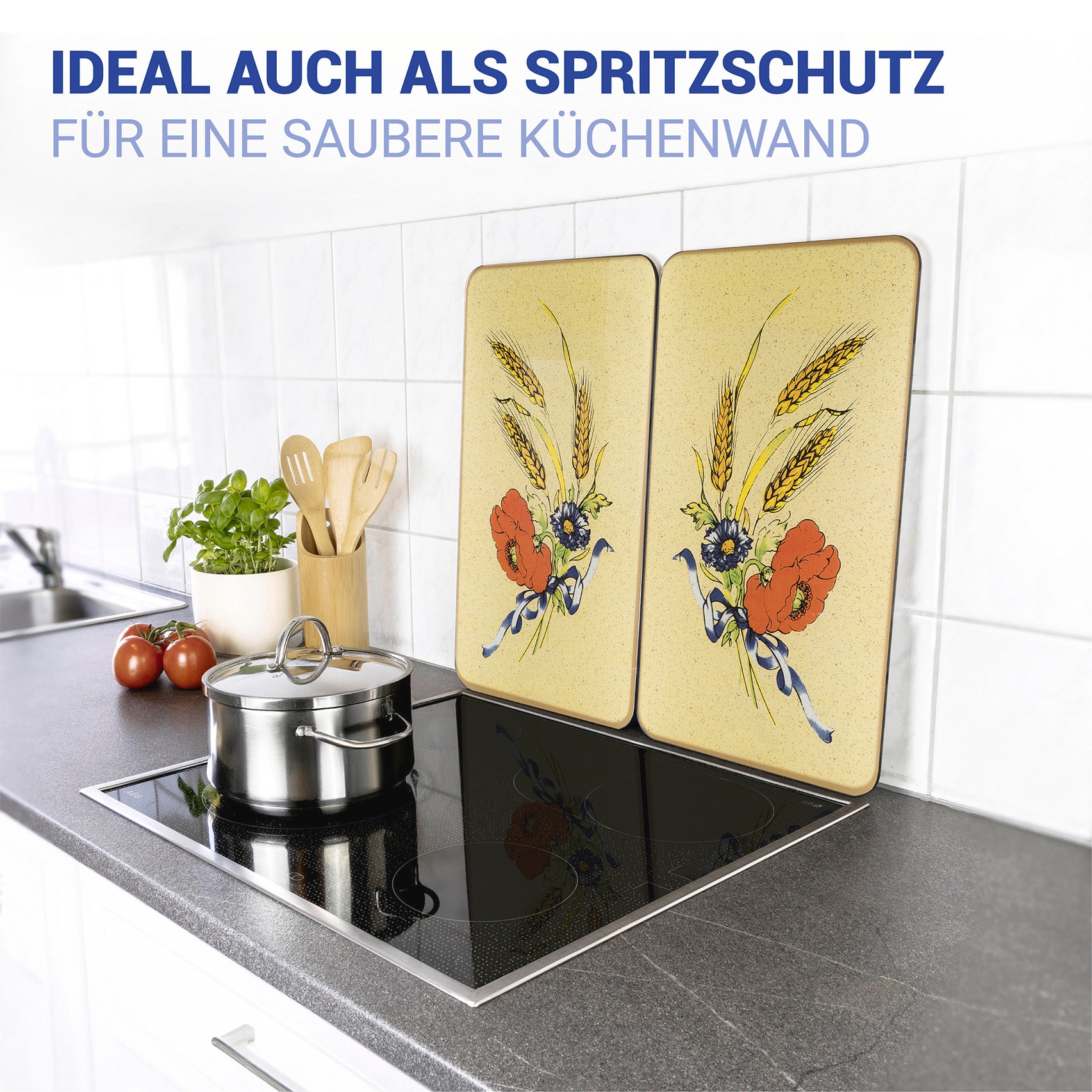 WENKO Herd-Abdeckplatte »Universal Modell Kornblumen«, (Set, 2 tlg.), Herdabdeckung für alle Herdarten, kratzfest, mit rutschfesten Füßen