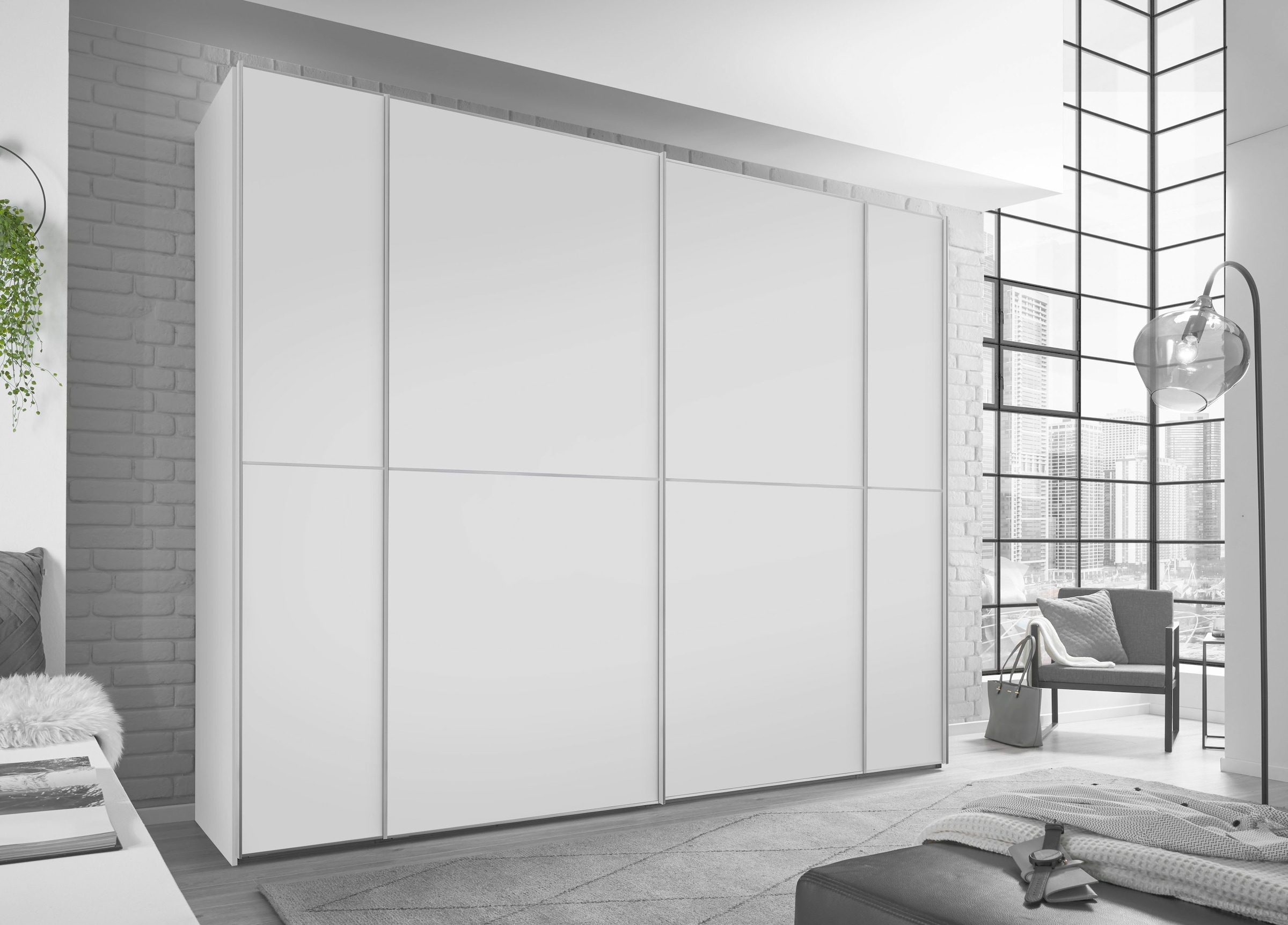 Schwebetürenschrank STAUD, B:298cm H:240cm T:68cm, weiß, Holzwerkstoff, Schränke, "Sonett 200, Made in Germany", mit vier verschiedenen