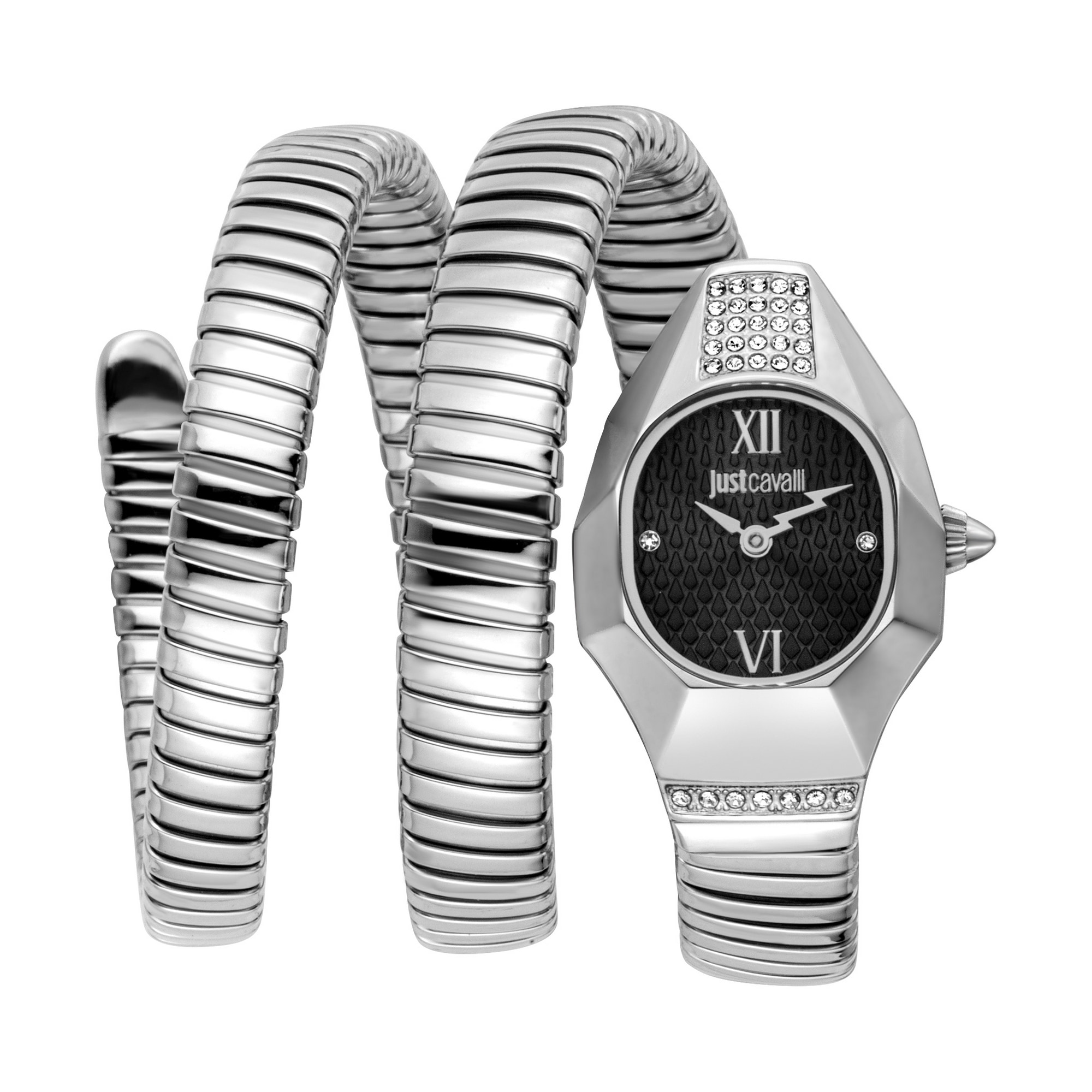 Quarzuhr JUST CAVALLI TIME "Signature Snake", silberfarben, schwarz, Armbanduhren, Damen, Quarzuhr, Armbanduhr, Damenuhr, Edelstahlarmband, analog, Kristallsteine