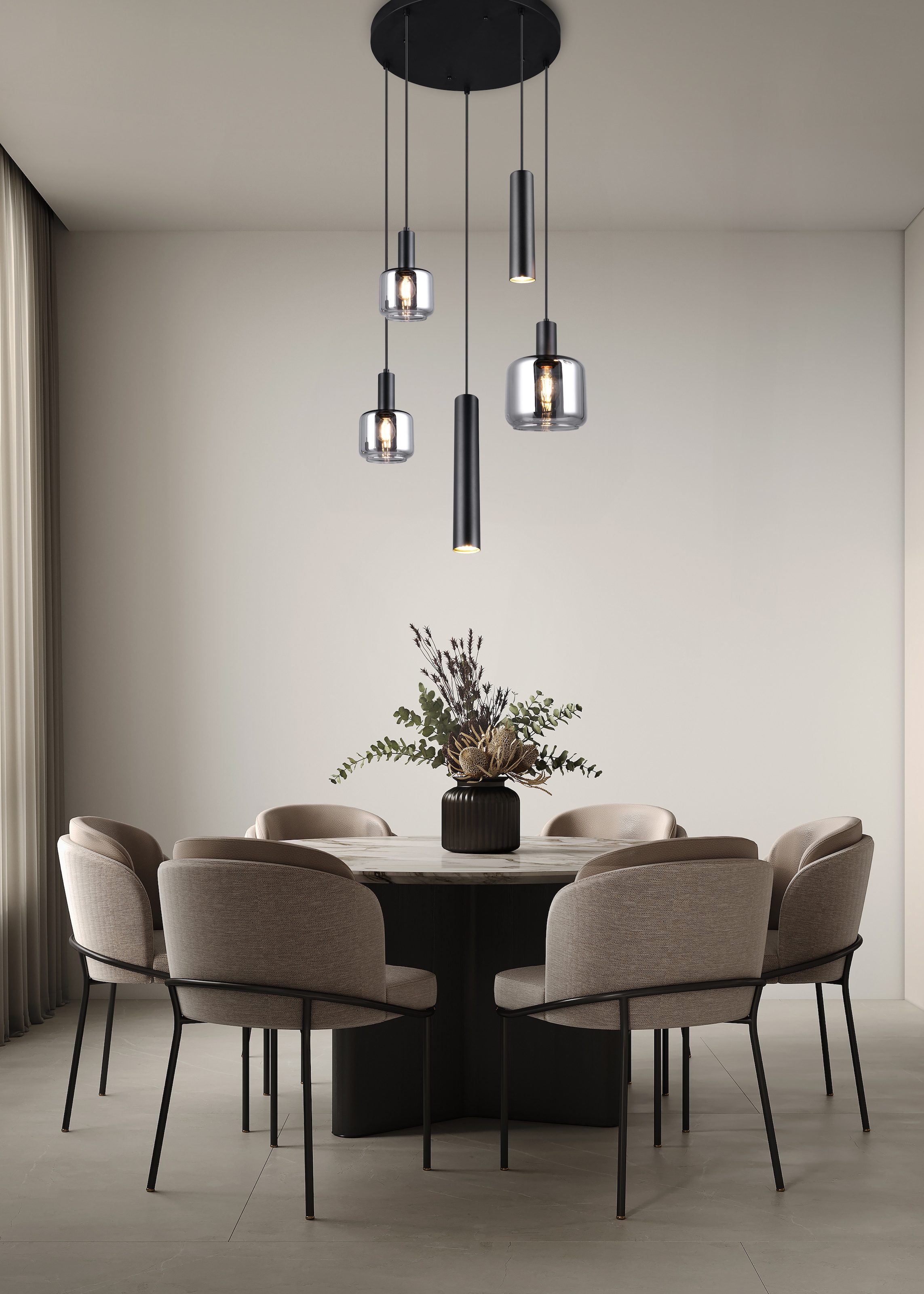TRIO Leuchten Pendelleuchte »MATARO, Hängelampe schwarz, Leuchtmittel wechselbar« E14 | E27 1 Stk. warmweiß - kaltweiß mit chrombedampften Glas Lampenschirmen smokefarbig